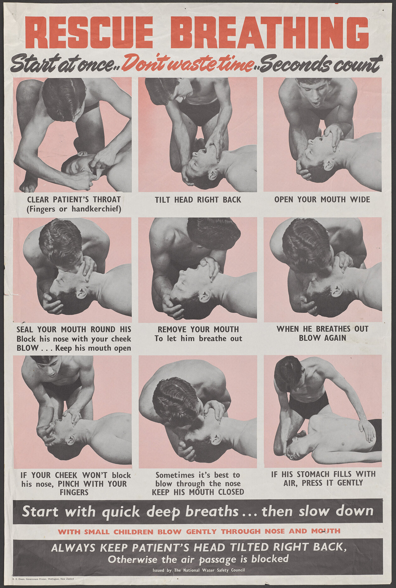 "Rescue Breathing Start at once.. Don't waste time.. Seconds count"