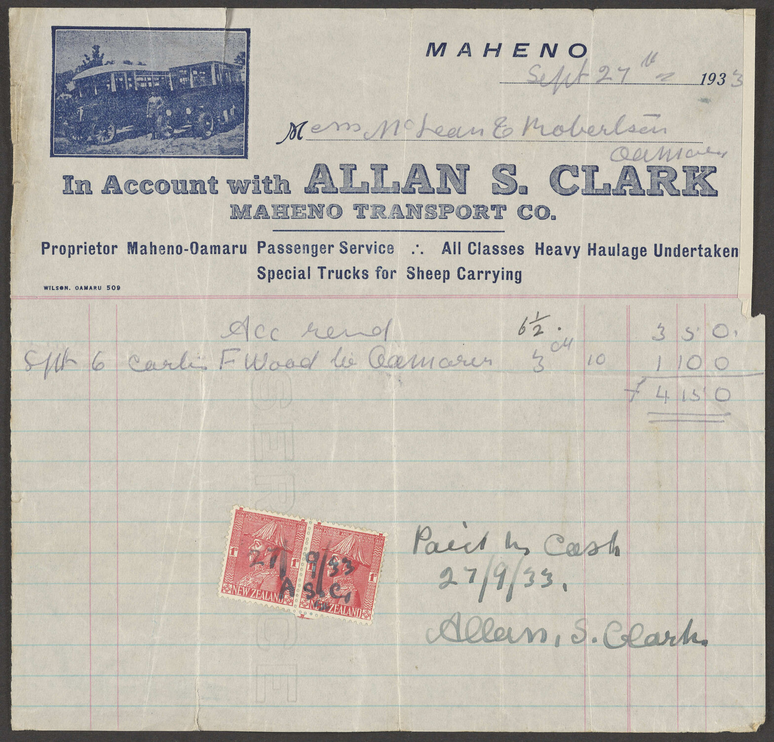 Allan S. Clark (Maheno Transport) billhead