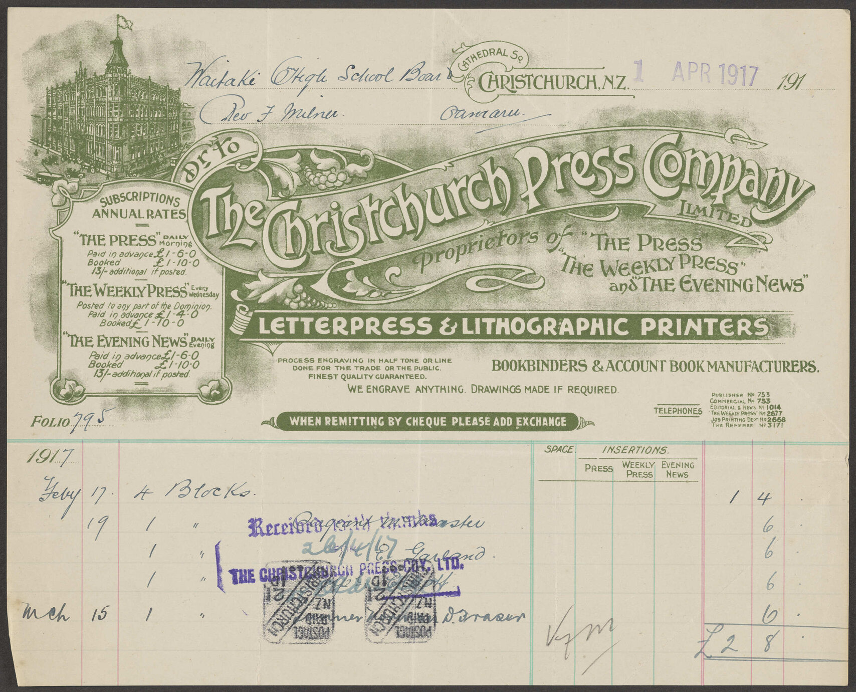 Christchurch Press Company billhead