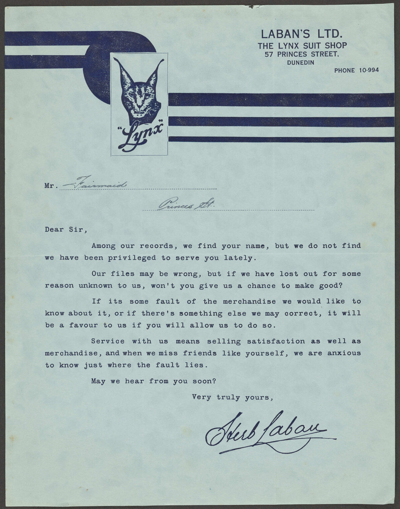 Laban's Ltd (The Lynx Suit Shop) letterhead