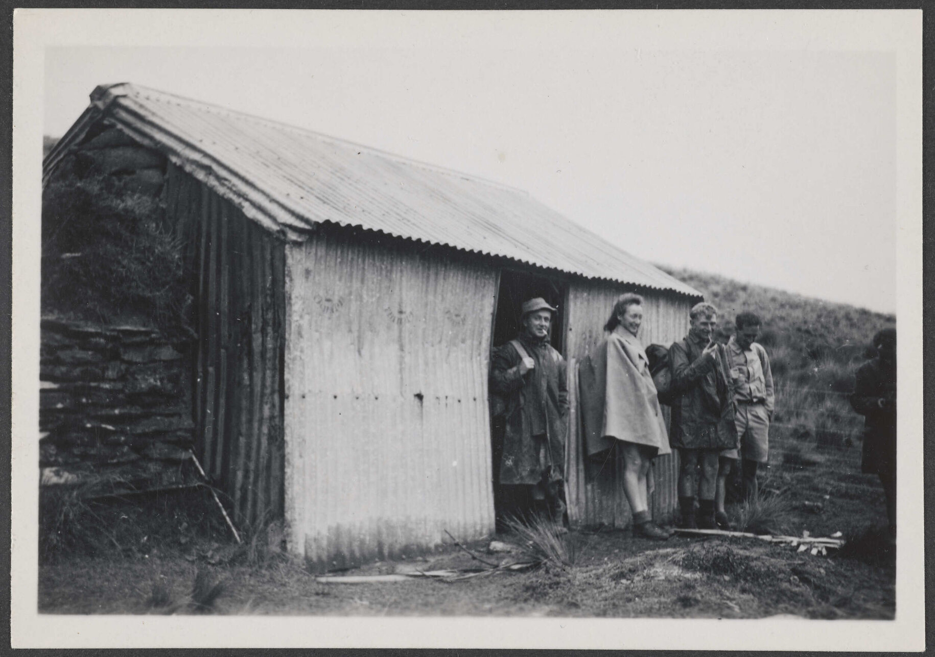 Rodney, Elizabeth Macnee, Hector, Charles Brasch at Shepherd's Hut, Xmas Creek, Silver Peaks in Easter