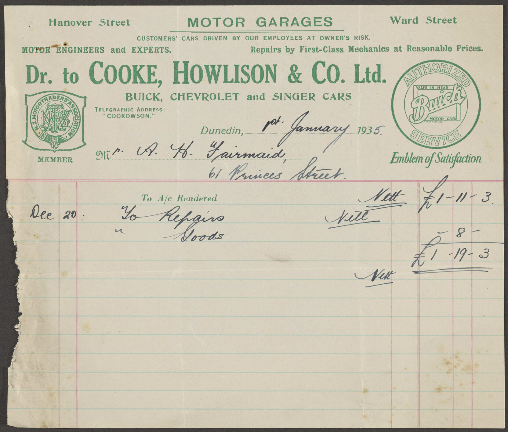 Cooke, Howlison &amp; Co. billhead