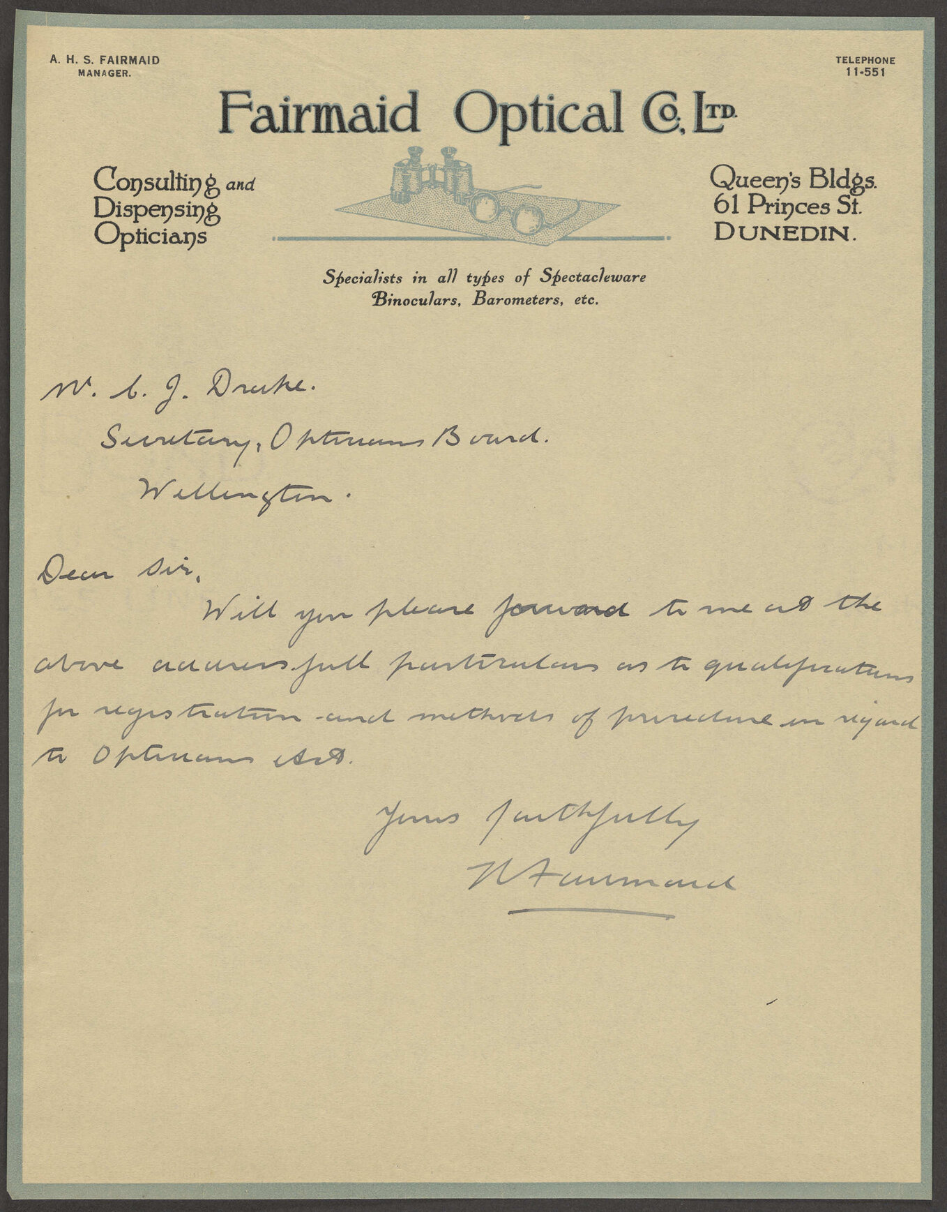 Fairmaid Optical Co. letterhead