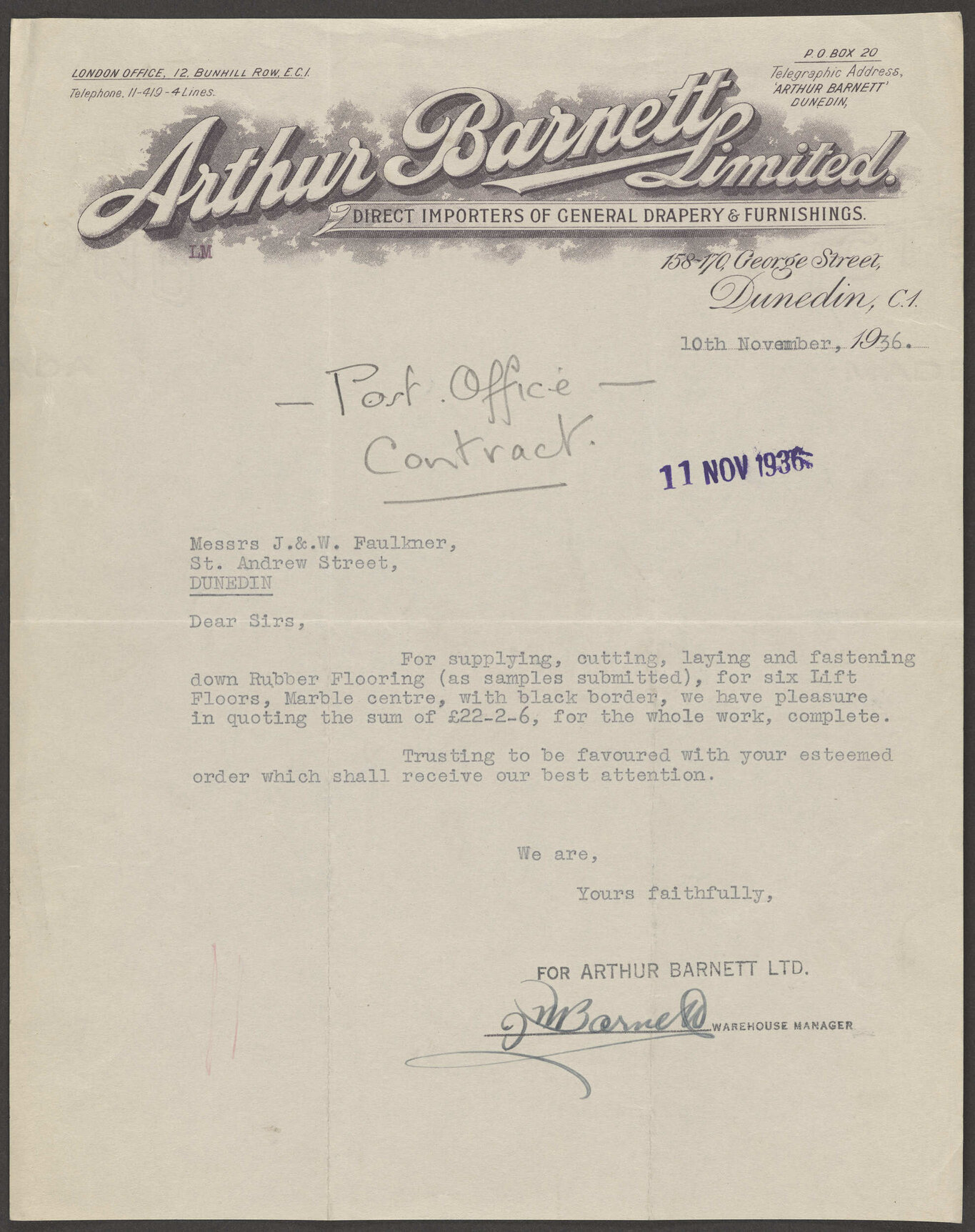 Arthur Barnett Limited letterhead