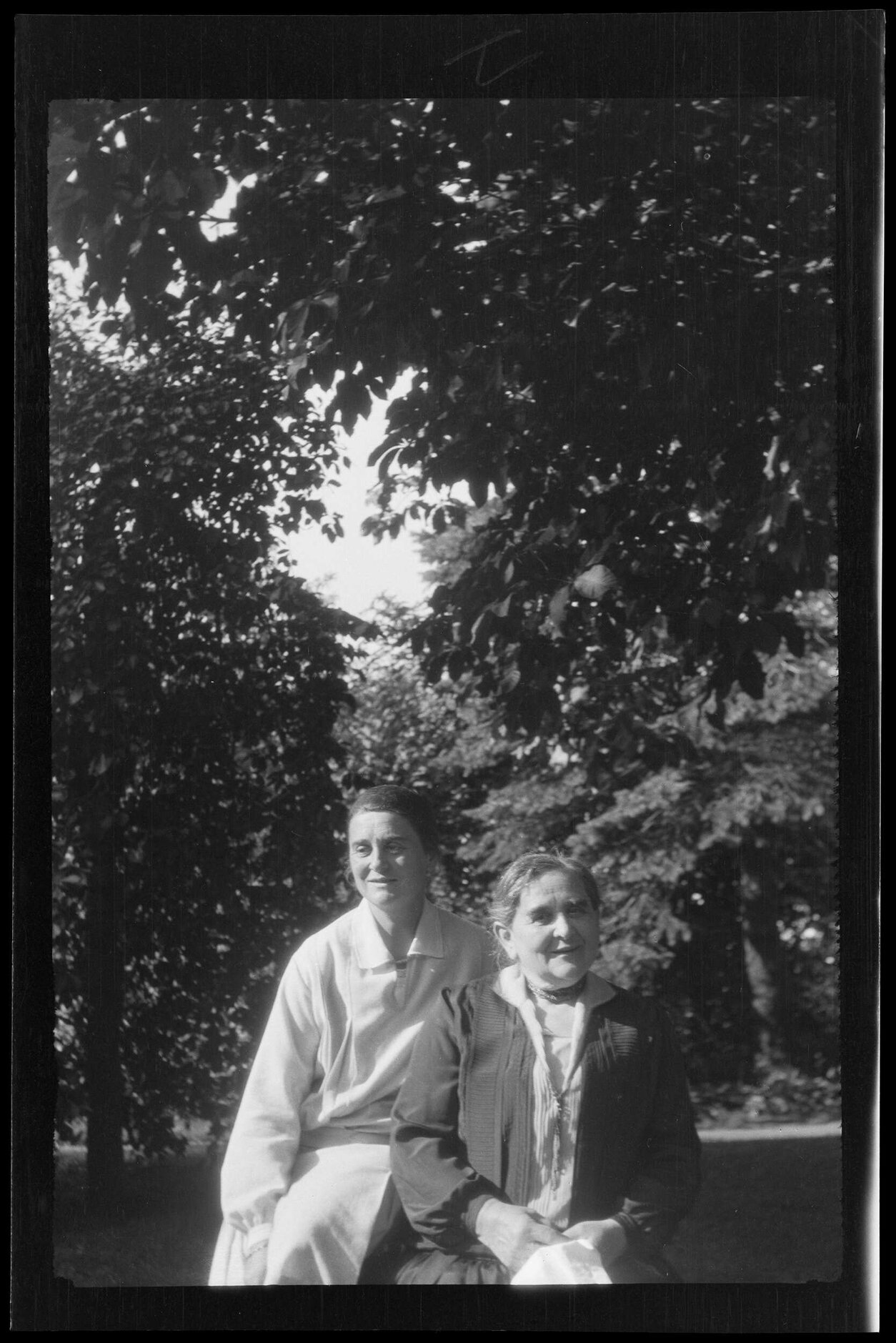 Two unidentified women among trees