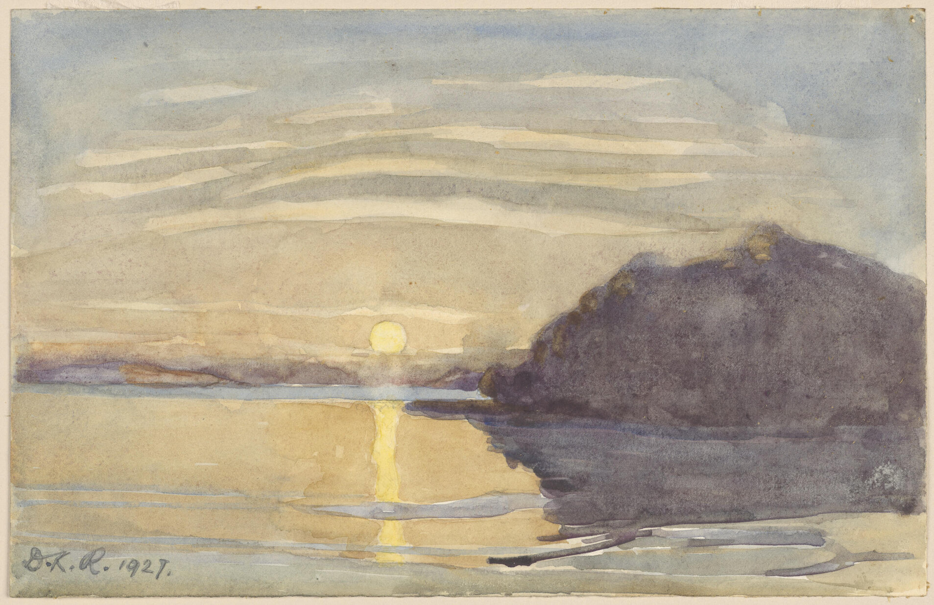 [View across water with sun low in sk