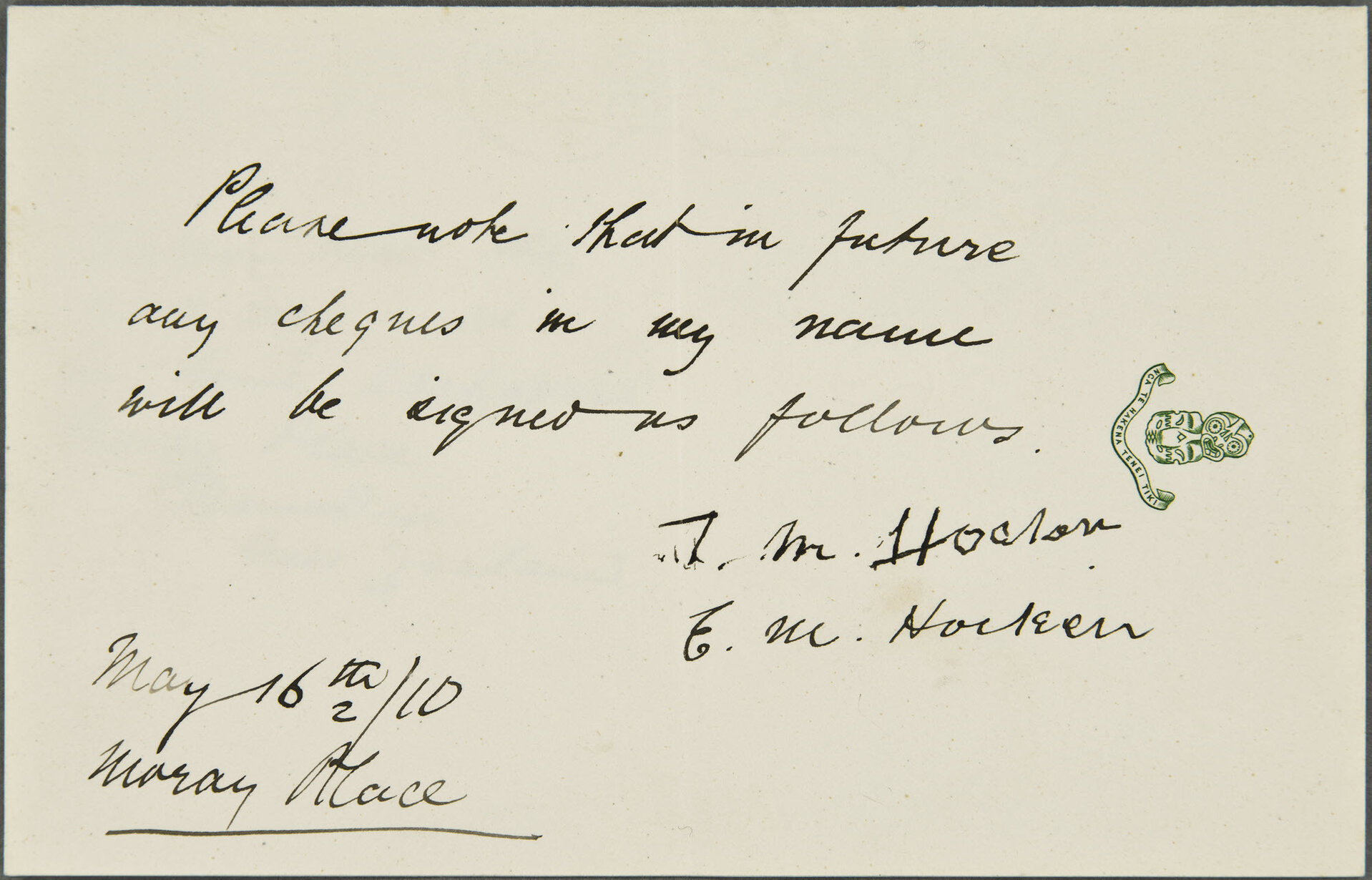 Statement by Dr T.M. Hocken concerning the signatures on his cheques