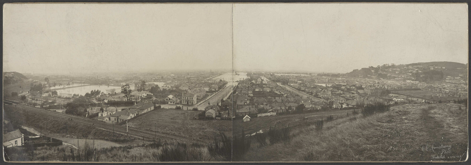View over southern Dunedin suburbs showing flooding