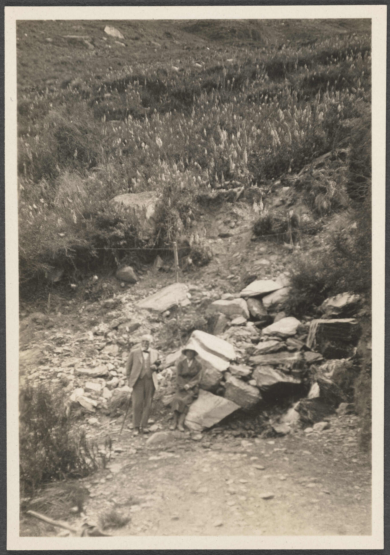 Two people standing on a hilly trail