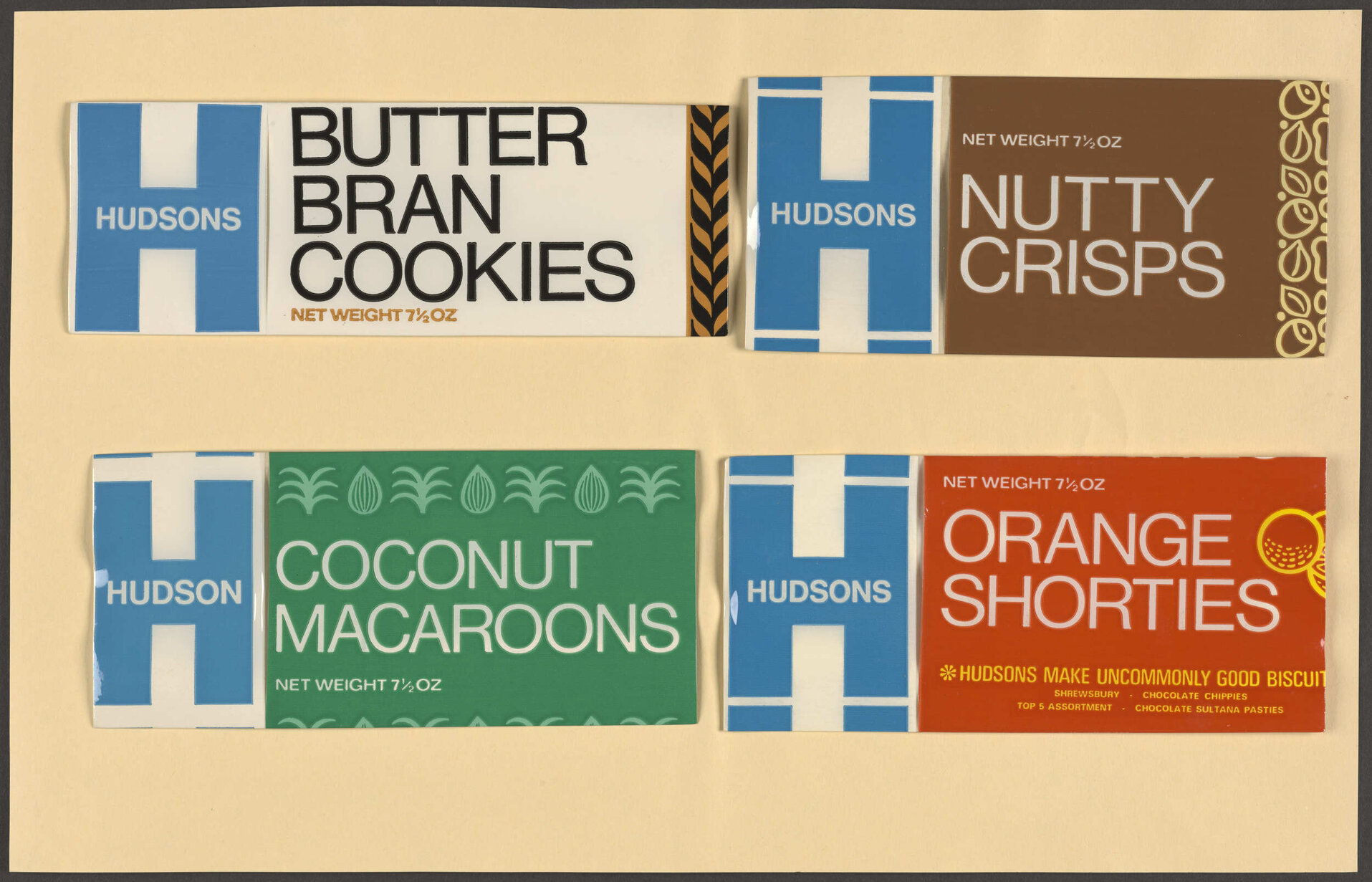 Hudsons Butter Bran Cookies, Nutty Crisps, Coconut Macaroons, Orange Shorties