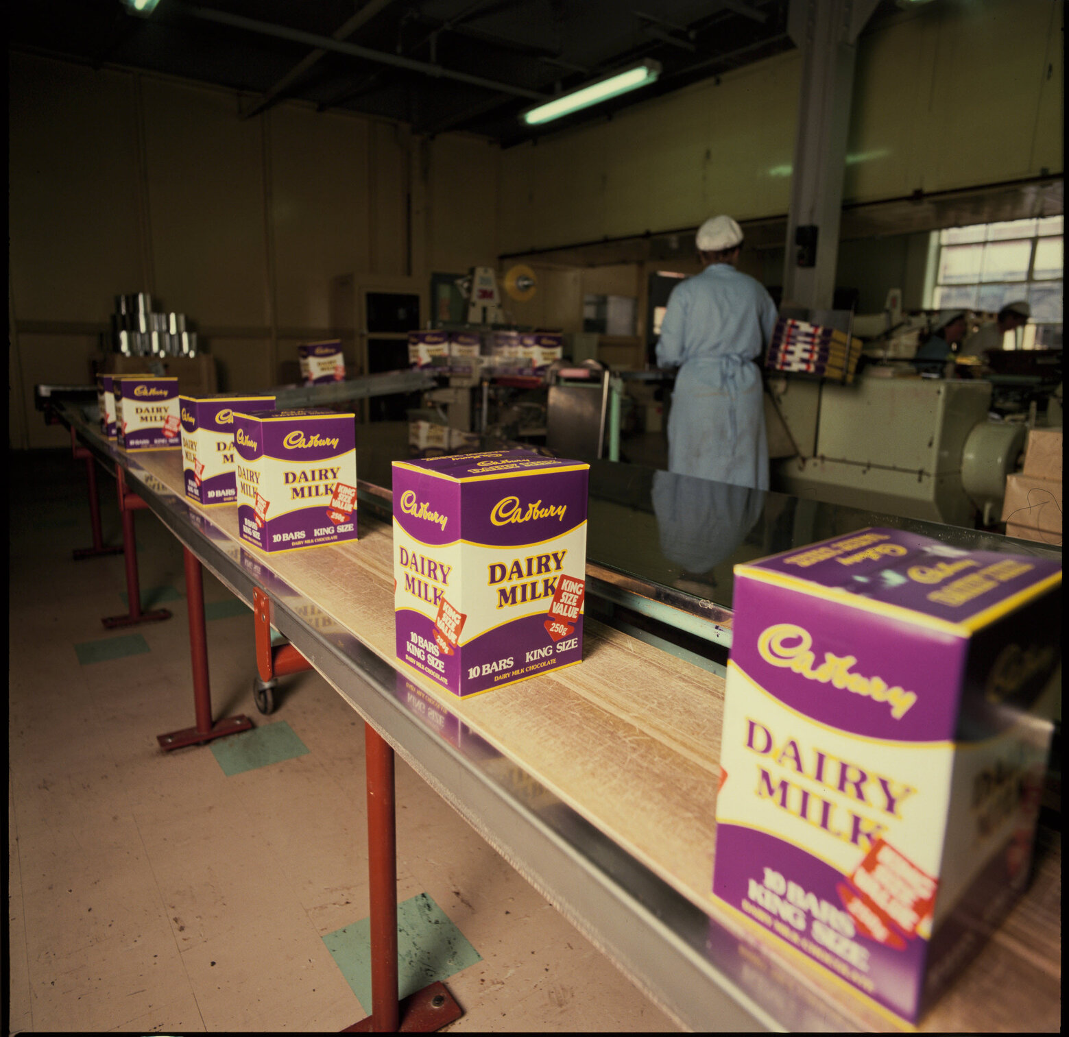 Cadbury Dairy Milk boxes on conveyor