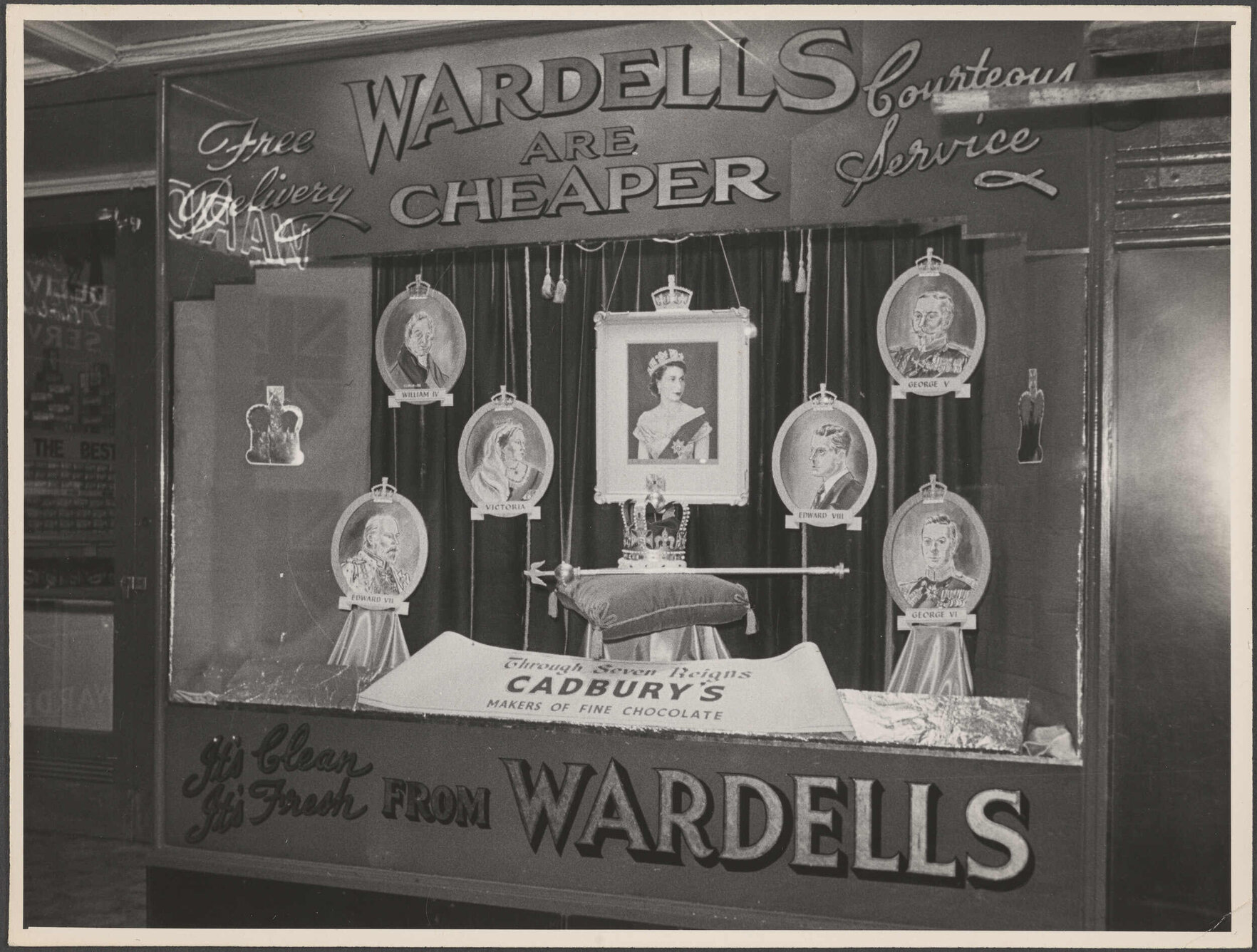 'Through Seven Reigns, Cadbury's Makers of Fine Chocolate', window display at Wardells