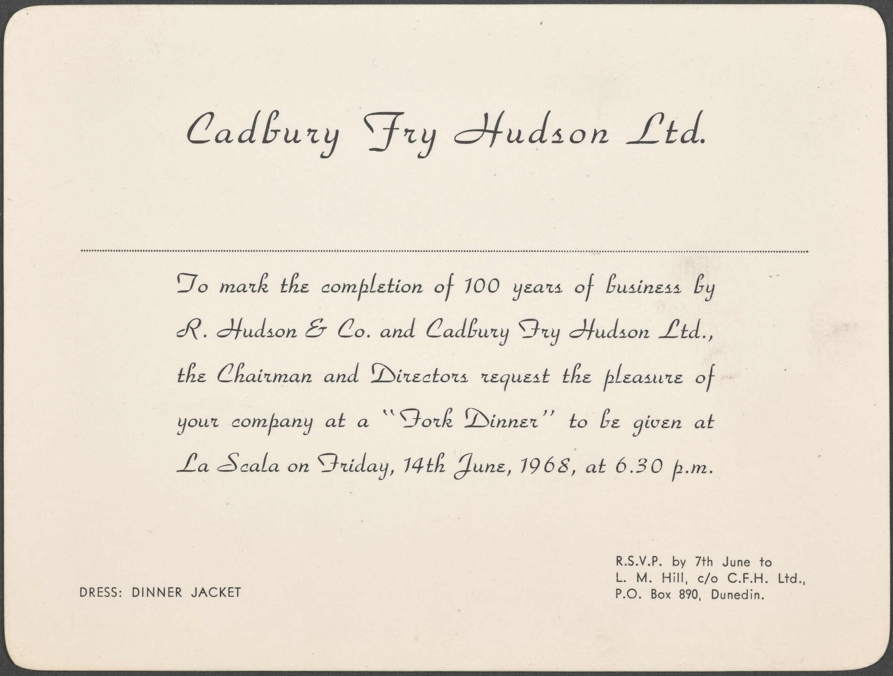 Invitation for 'Fork Dinner' at La Scala restaurant marking 100 years of business by R. Hudson &amp; Co. and Cadbury Fry Hudson Ltd