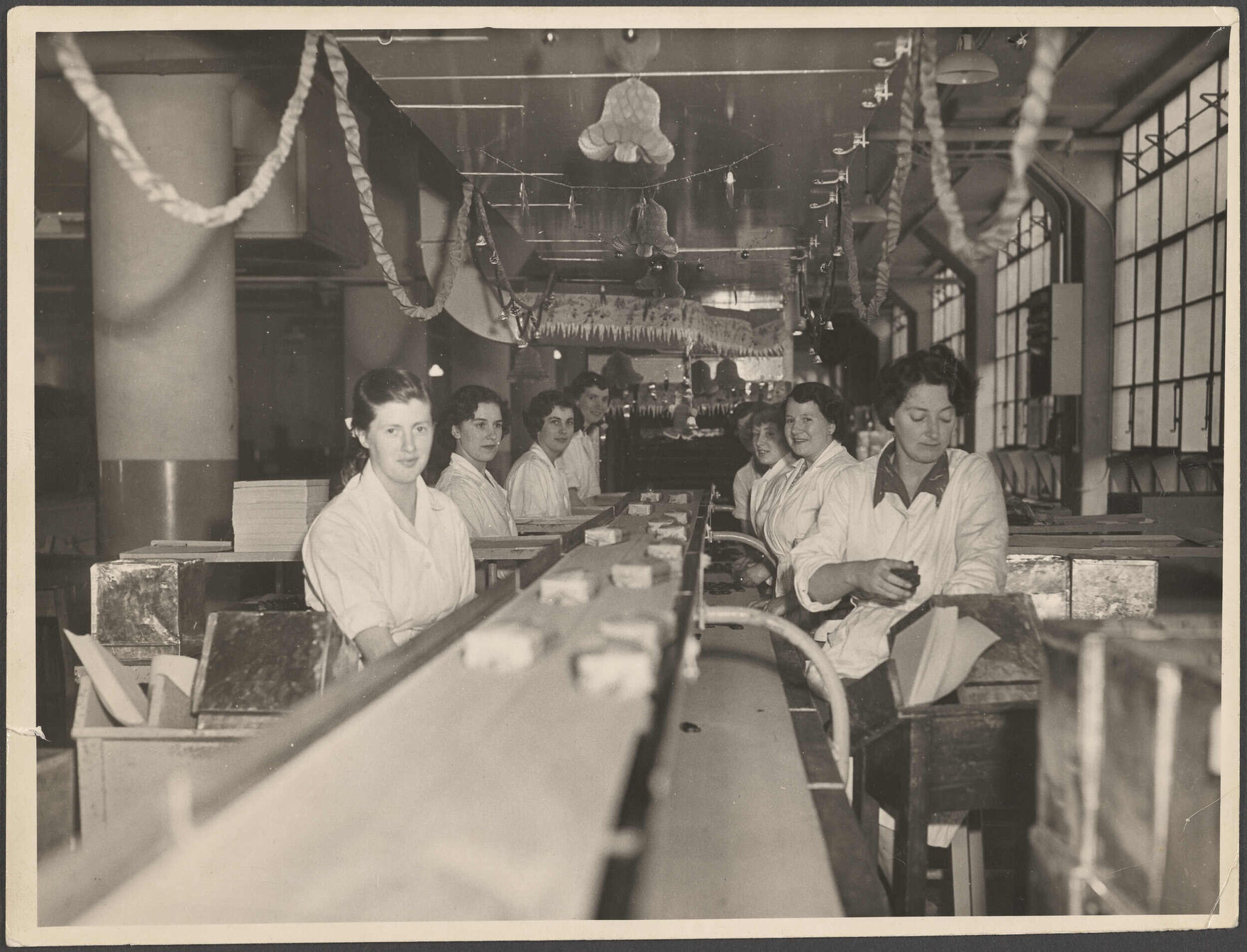 Staff and Christmas decorations at Enrober No. 8, Cadbury Fry Hudson 