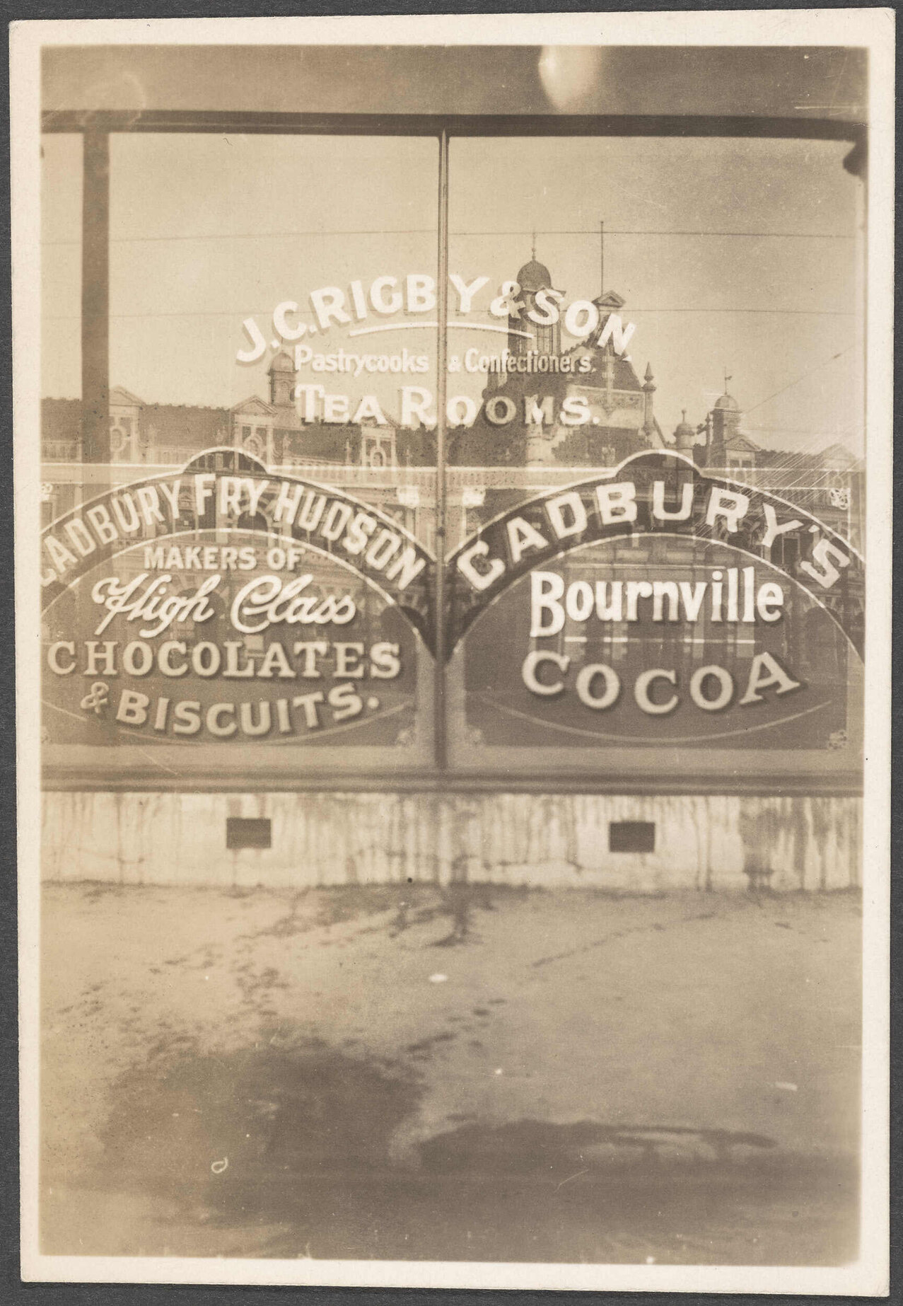 Cadbury Fry Hudson window signage at J.C. Rigby &amp; Son tea rooms