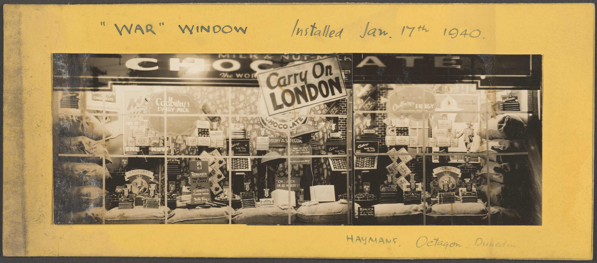 'War' window display advertising Cadbury products at Hayman Brothers, Octagon