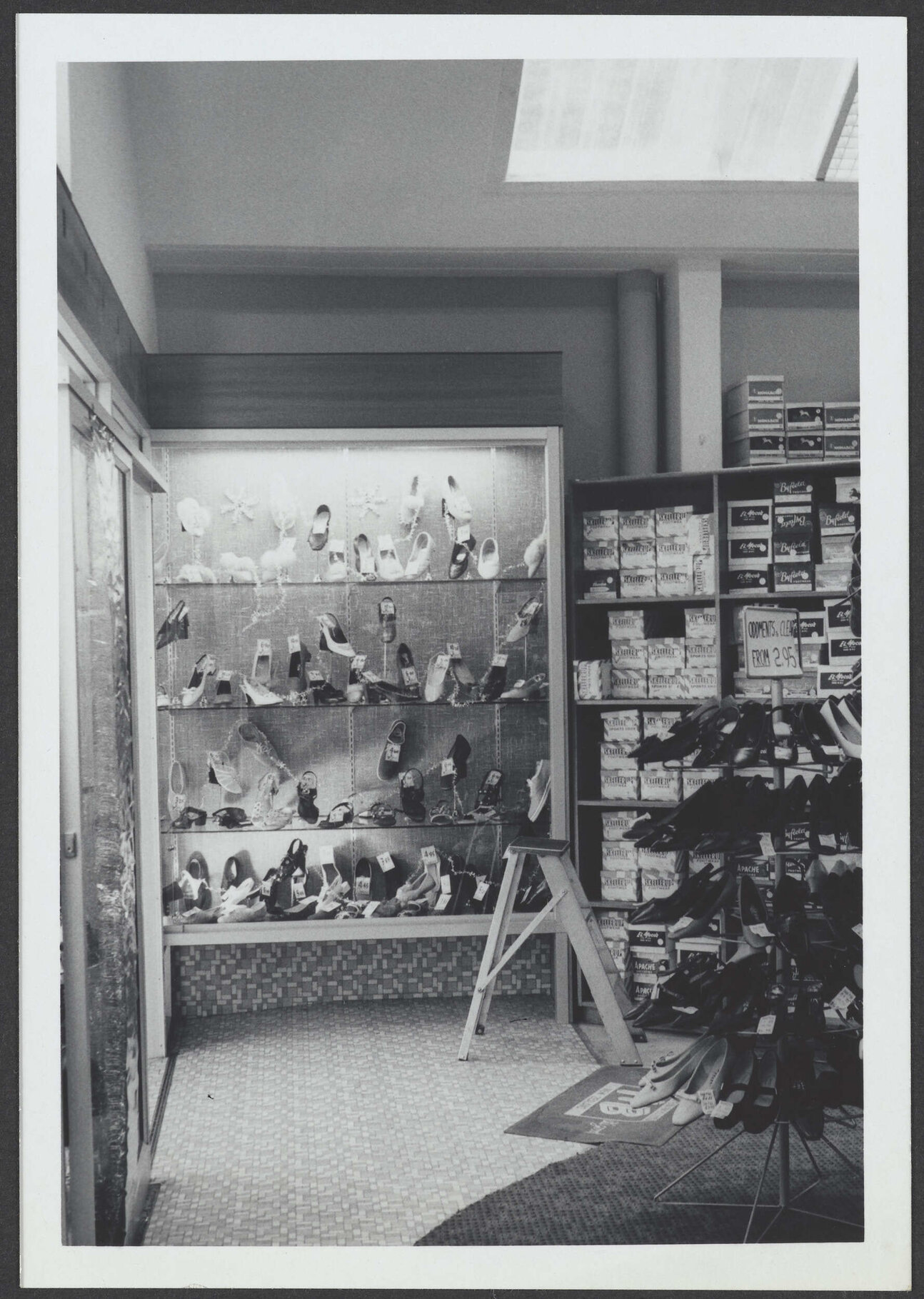 Shoe displays at Hallensteins branch premises, Hamilton