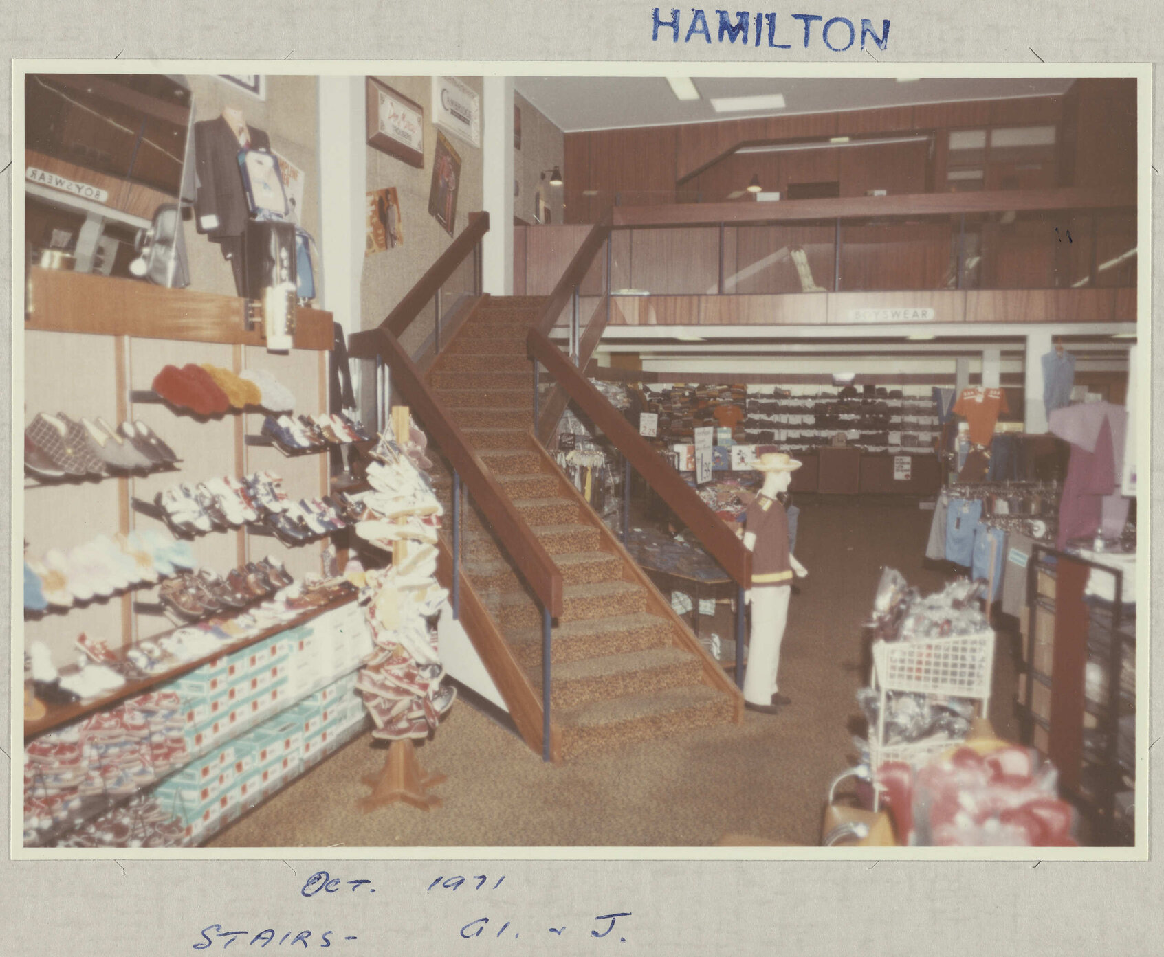 Hallensteins store interior, Hamilton, showing stairs