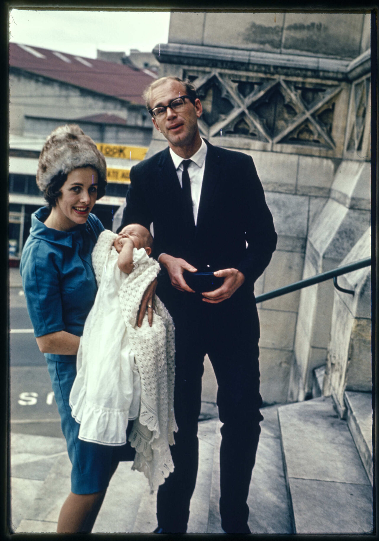 Elizabeth and Murray Hanan with their son David, on the day of his christening