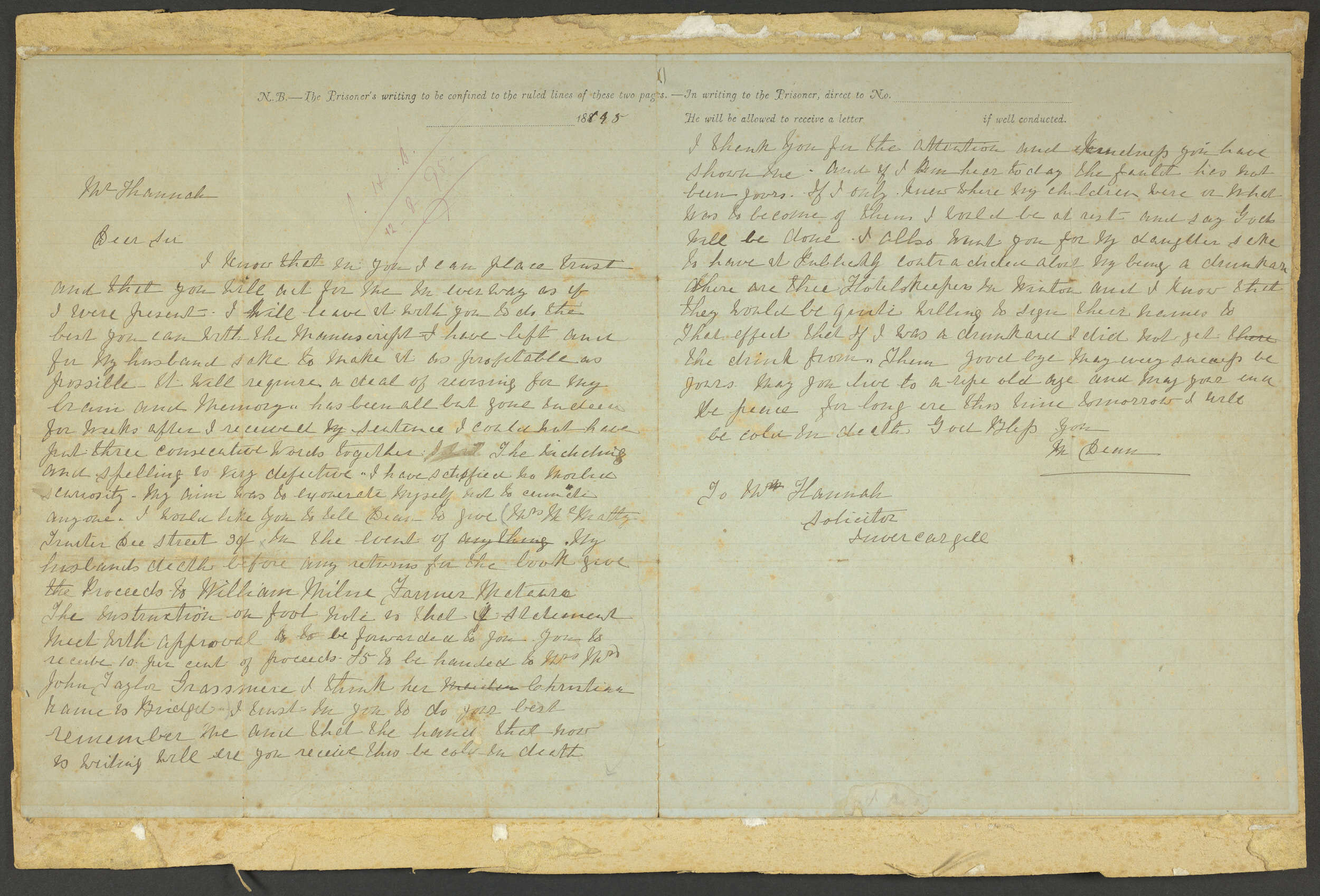 Letter, 12 August 1895, from Minnie Dean, Invercargill Prison, to Josiah Hanan