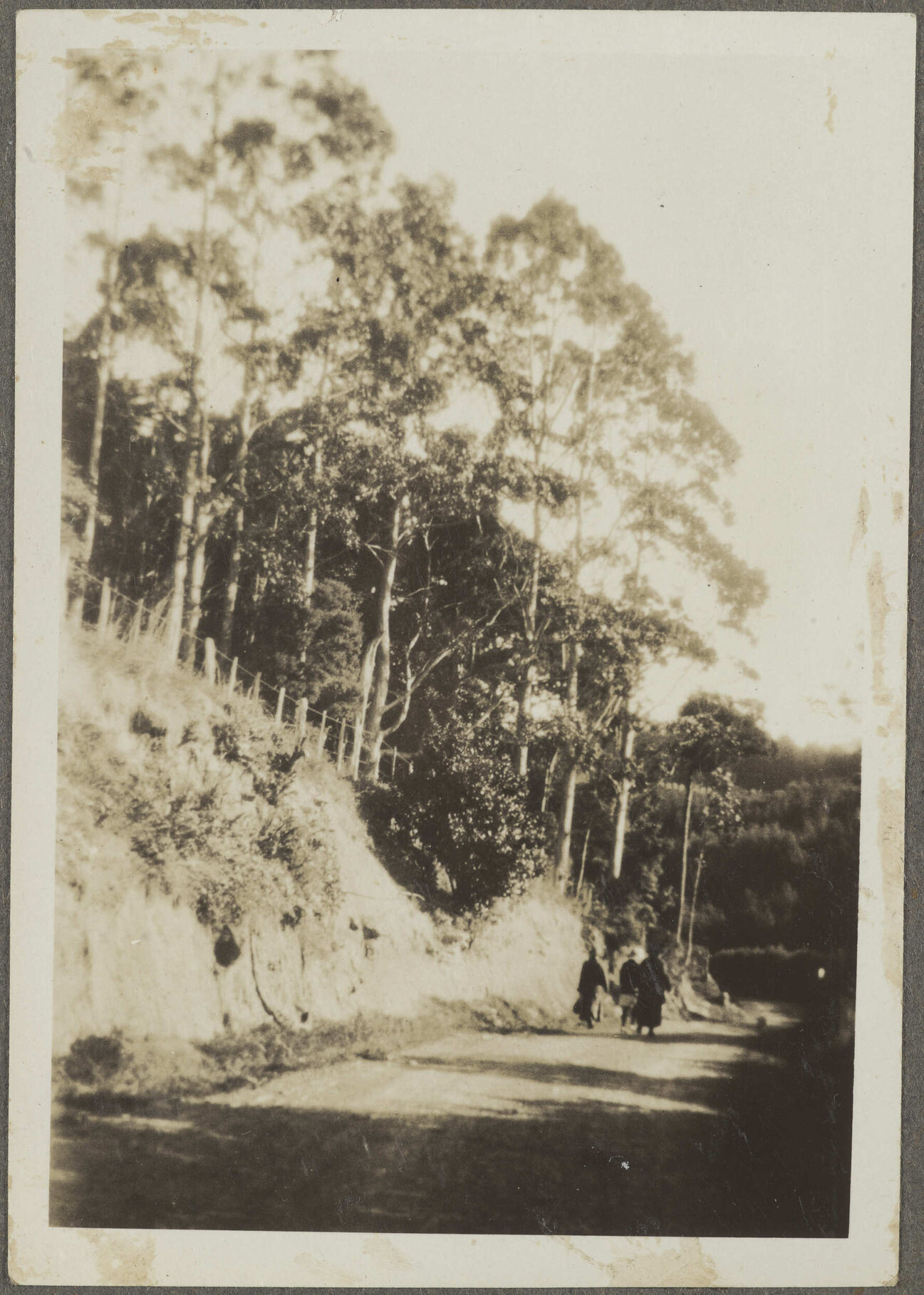 Three unidentified people walking down dirt road