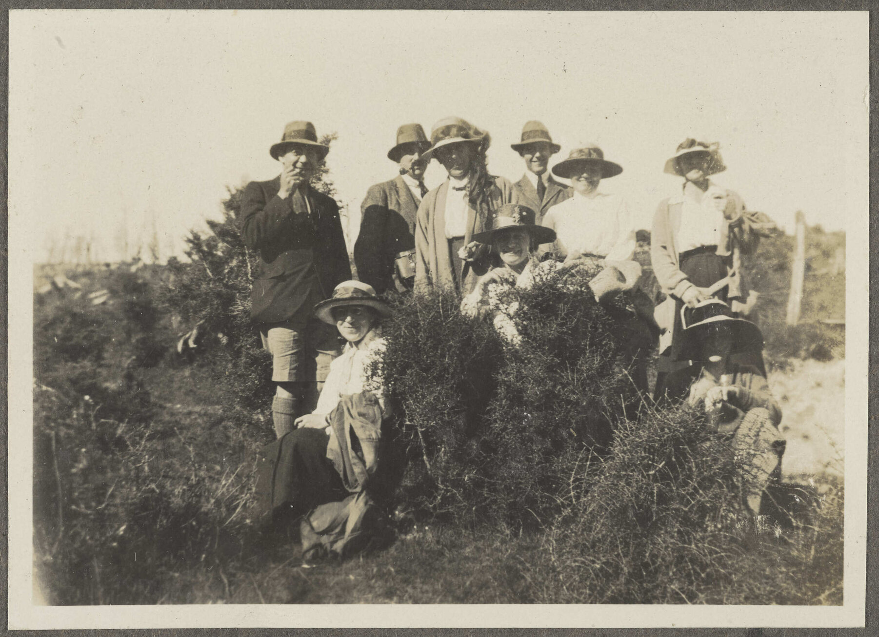 Group of people among shrubs