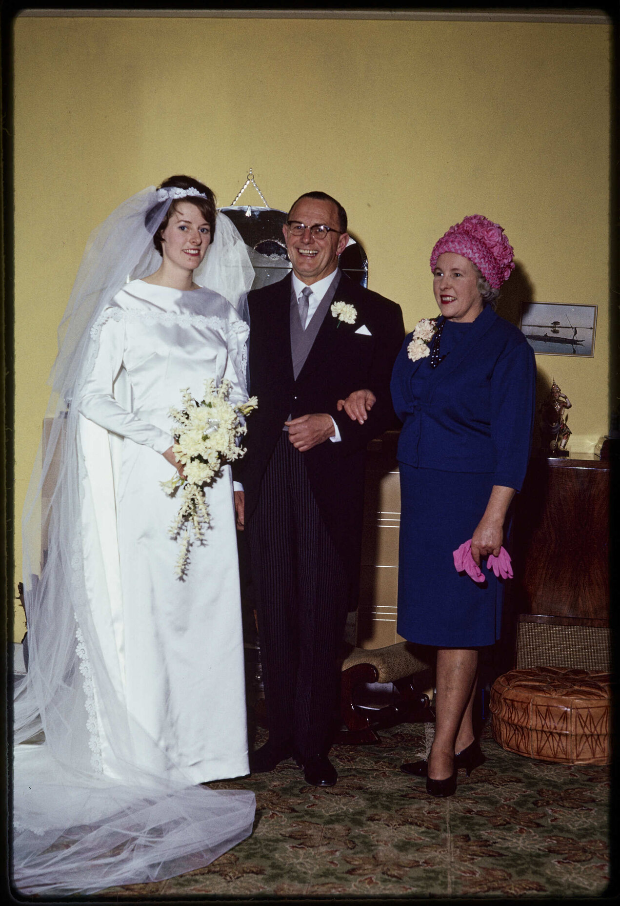 Patricia Walsh on her wedding day, with her parents Sir John and Lady Enid Walsh
