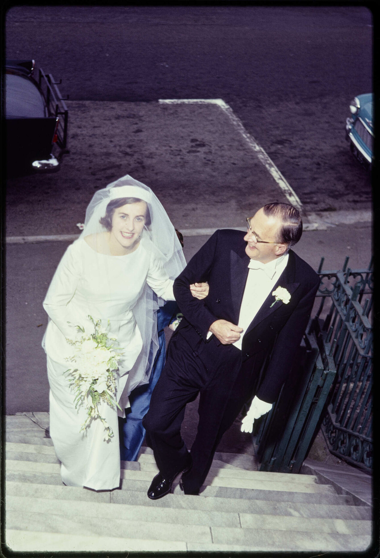 Elizabeth Walsh with her father on her wedding day, on the steps of St Paul's Cathedral