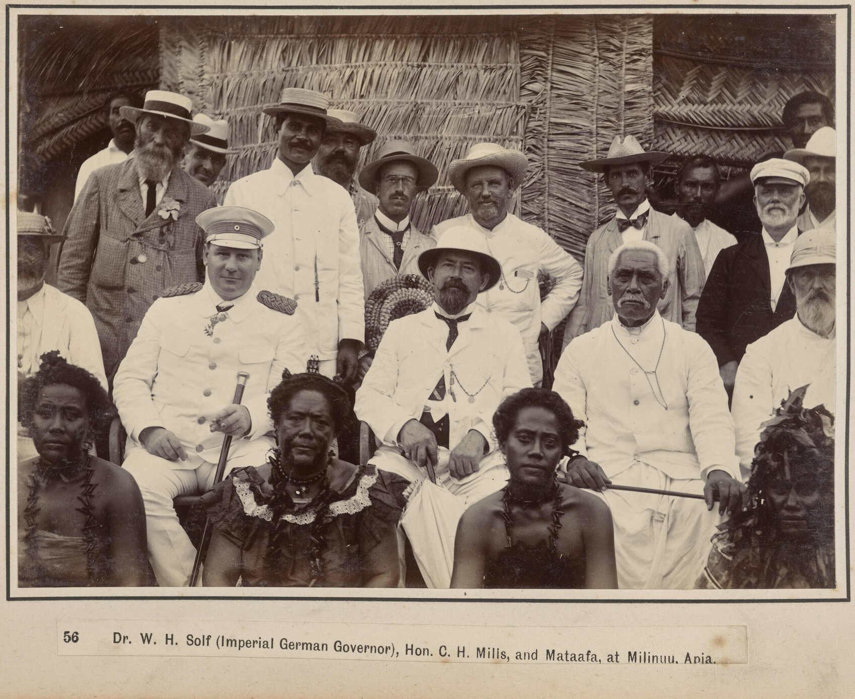 Dr. W.H. Solf (Imperial German Governor), Hon. C.H. Mills, and Mataafa, at Milinuu, Apia