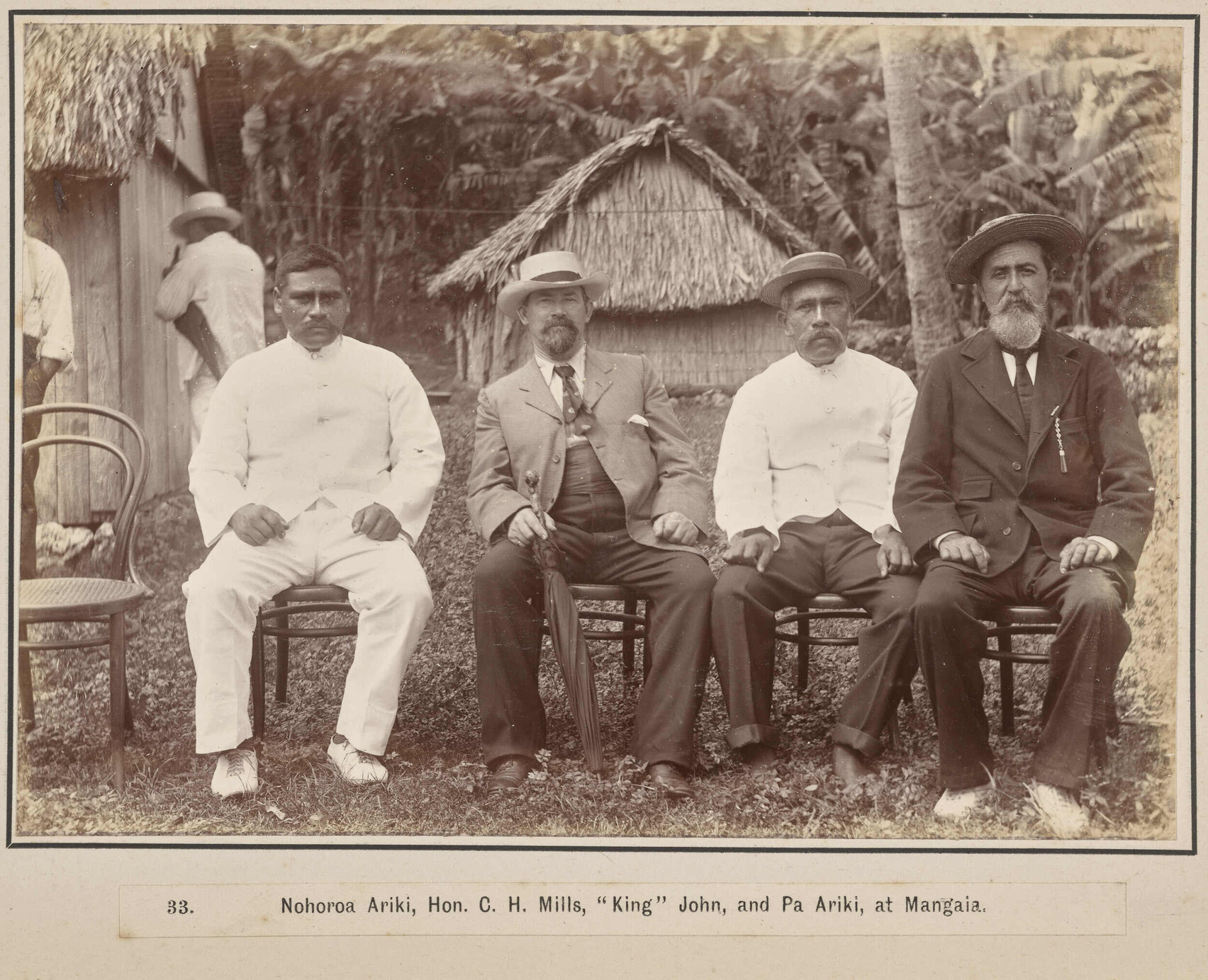 Nohoroa Ariki, Hon. C.H. Mills, 'King' John, and Pa Ariki, at Mangaia