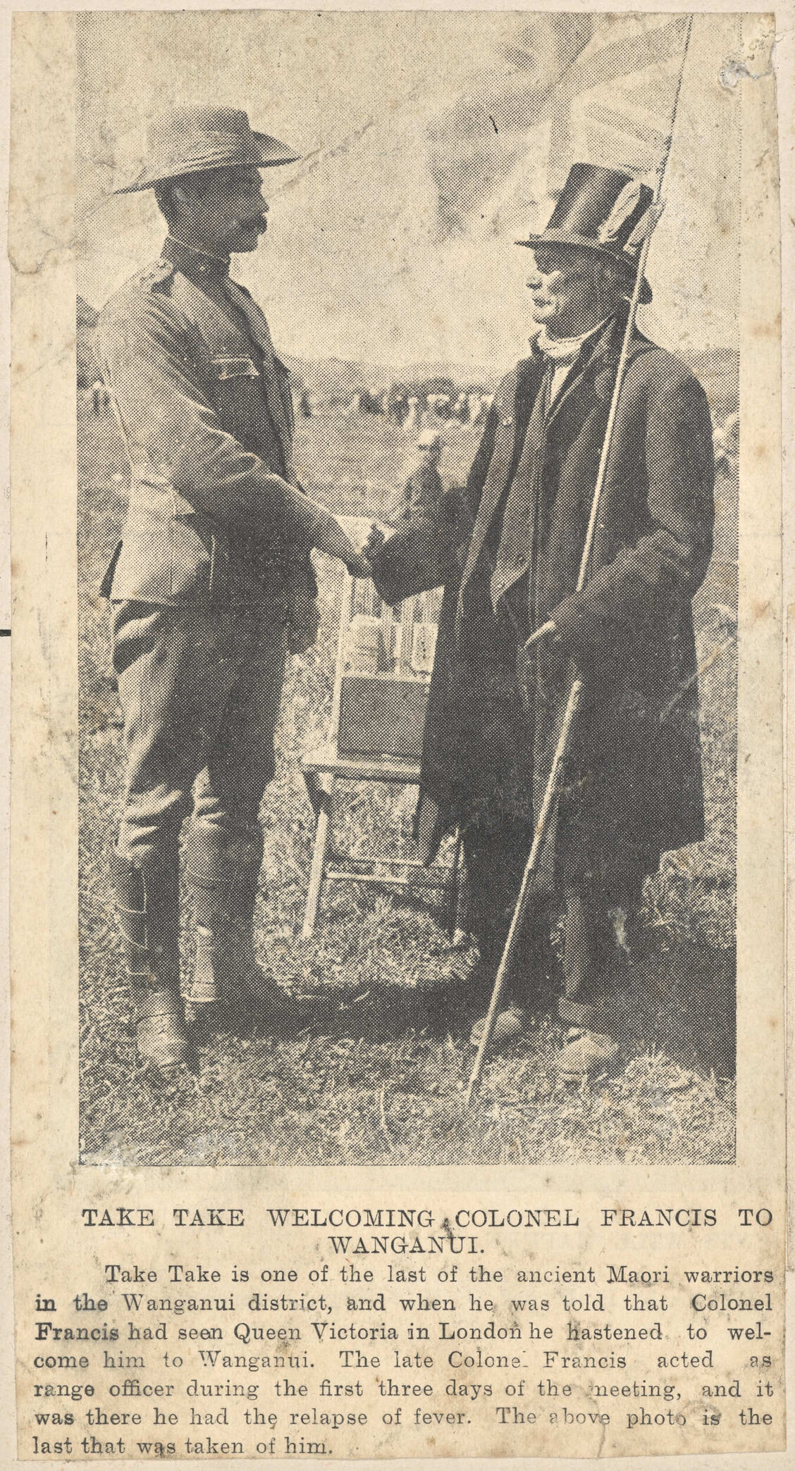 Take Take welcoming Colonel Francis to Wanganui