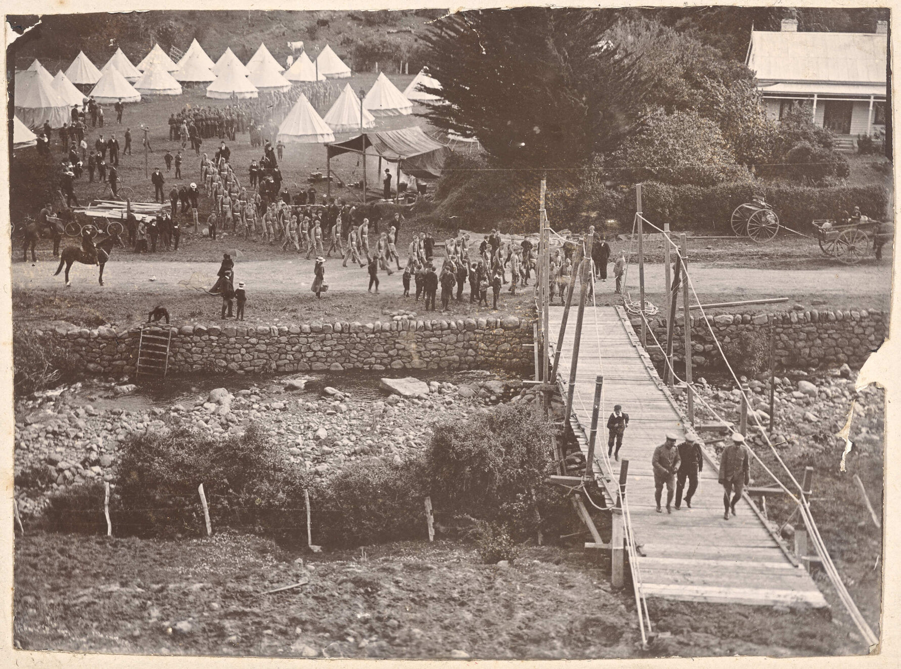 Trestle bridge and encampment