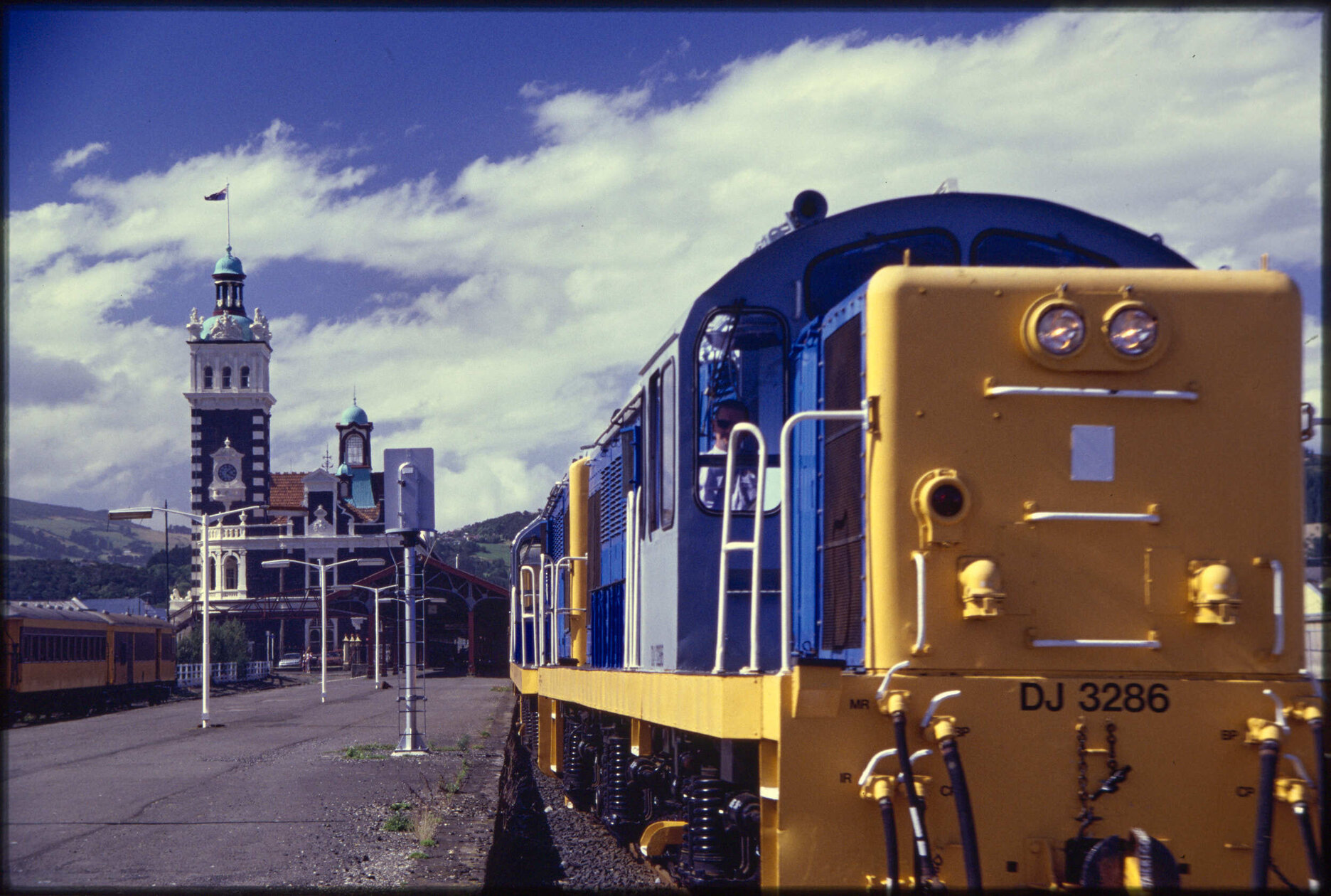 Dunedin Railway Station and DJ locomotive, from platform