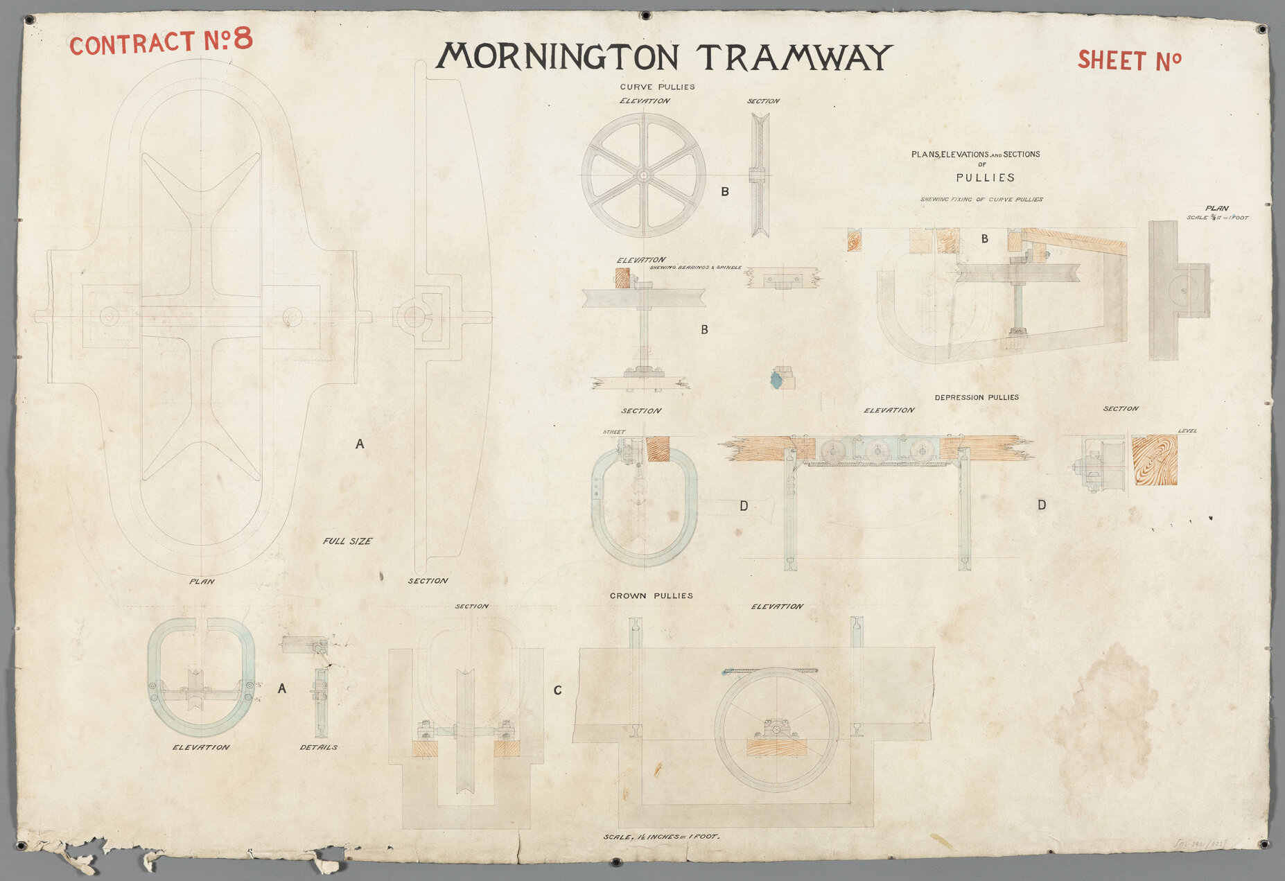 'Plans, elevations, and sections of pullies, shewing fixing of curve pullies'. Mornington Tramway, contract no. 8.