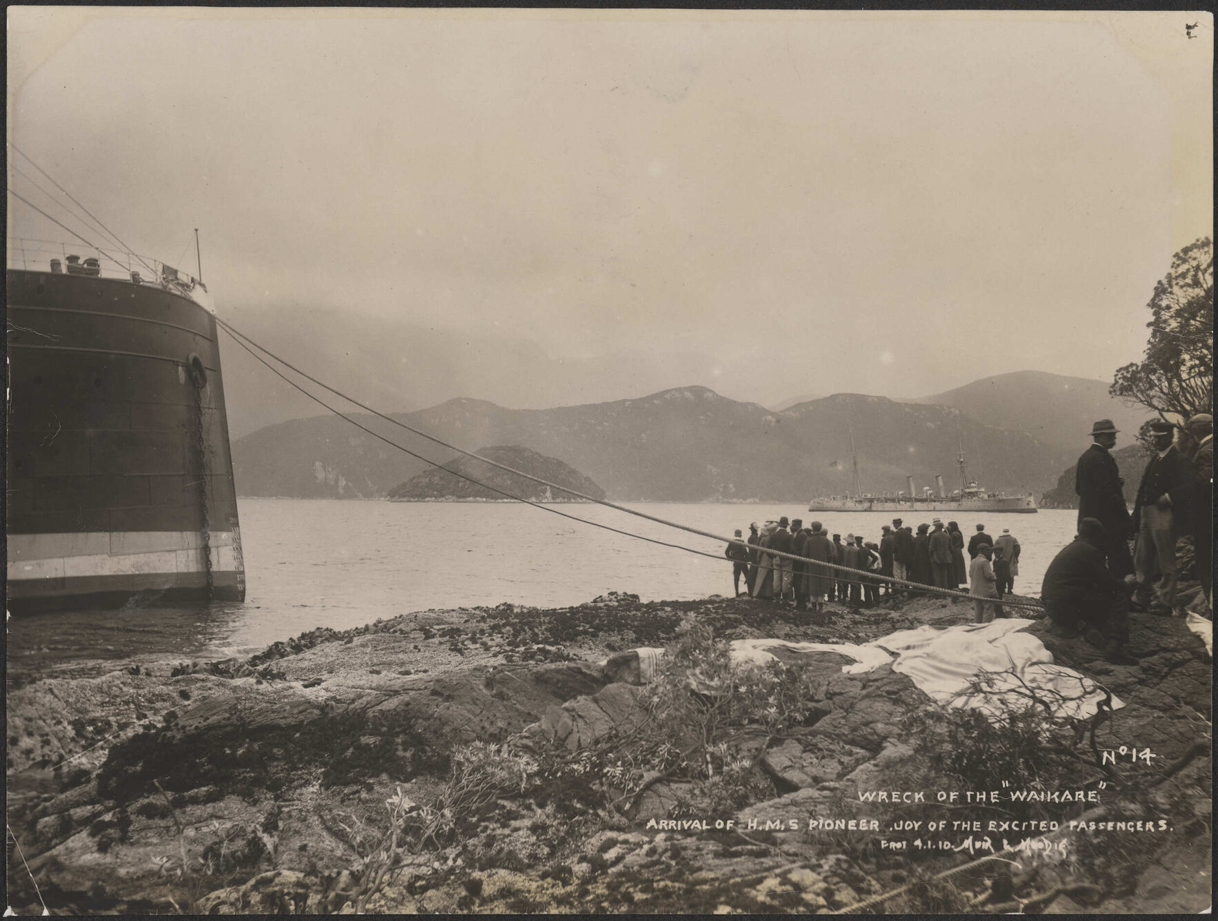 Wreck of the Waikare, arrival of H.M.S. Pioneer. Joy of excited passengers