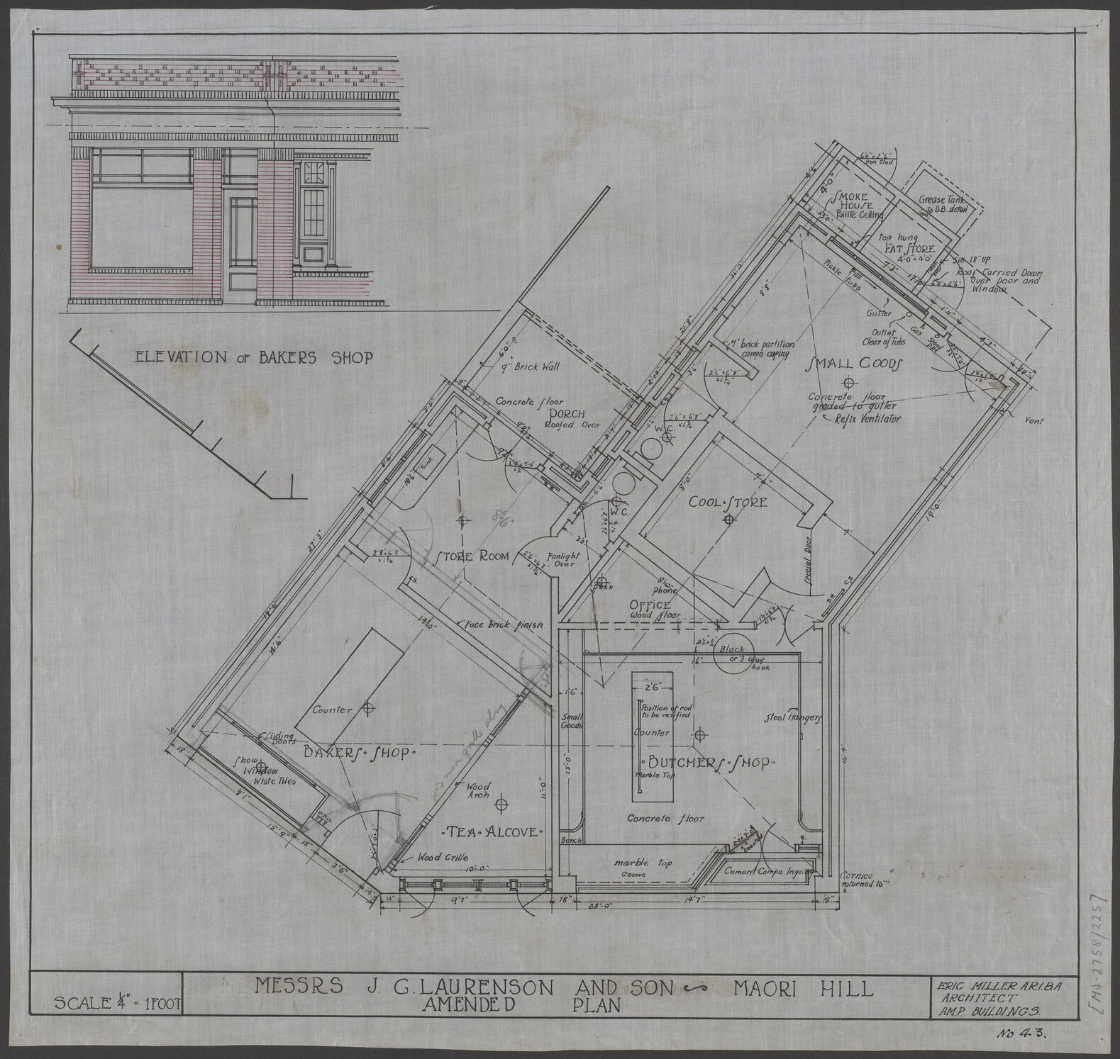 No. 43. J.G. Laurenson &amp; Son, amended plan for premises, Highgate, Roslyn, Eric Miller architect.