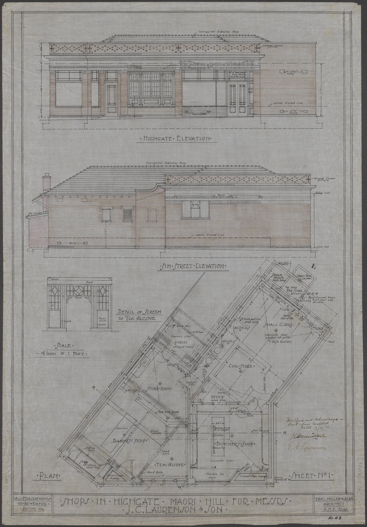 No. 43. J.G. Laurenson &amp; Son, plan for premises, Highgate, Roslyn, Eric Miller architect. Sheet 1.