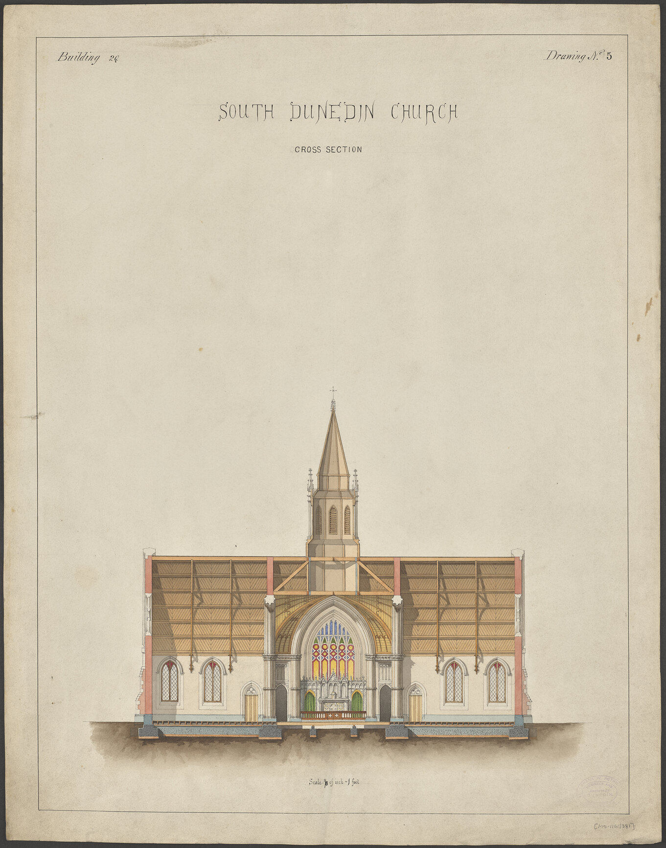 Proposed Catholic Church, Kensington / South Dunedin, cross section plan, F.W. Petre architect. Drawing No. 5.