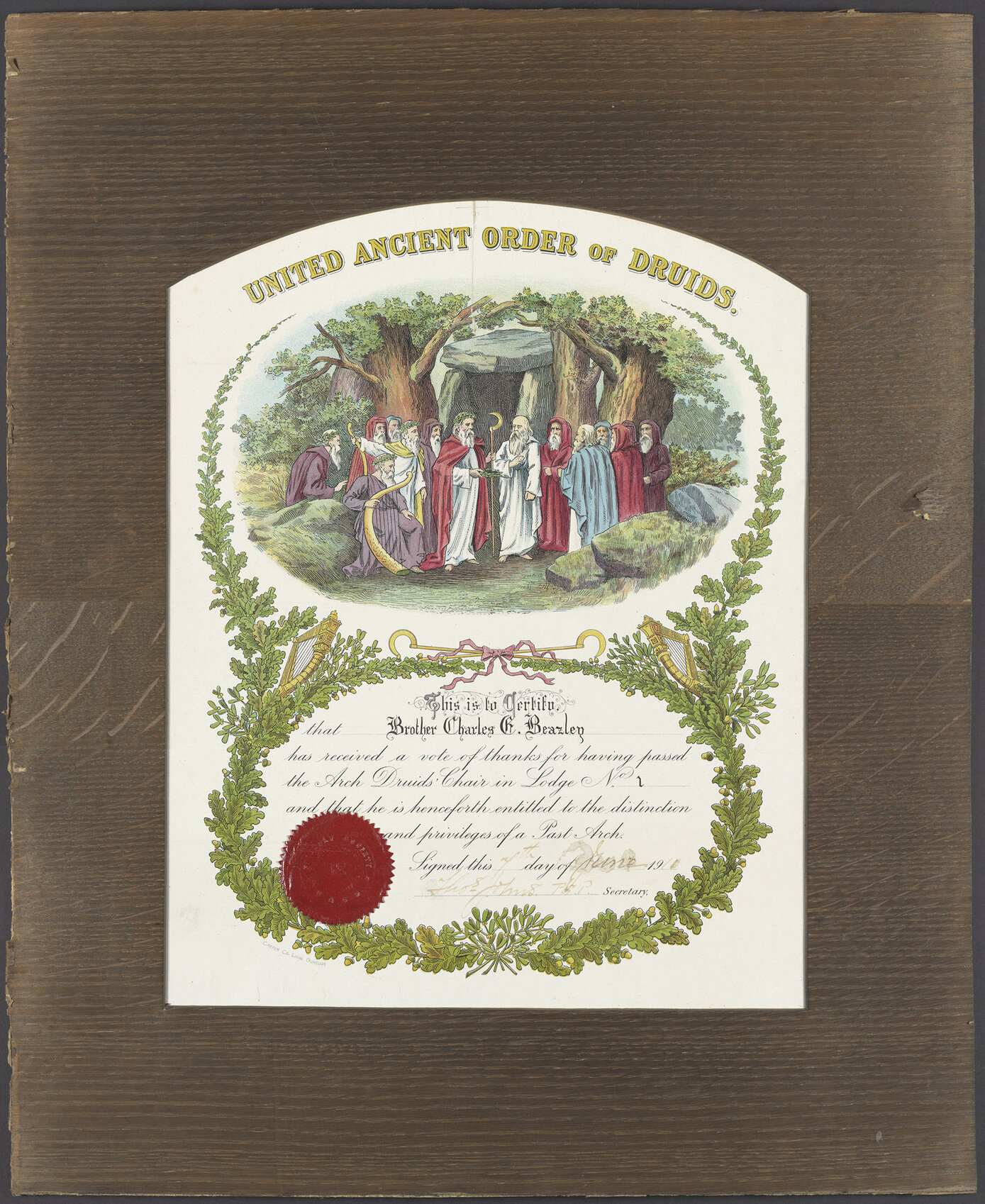 Certificate awarded to Brother Charles E. Beazley, Past Arch., Grand Lodge of Otago and Southland United Ancient Order of Druids