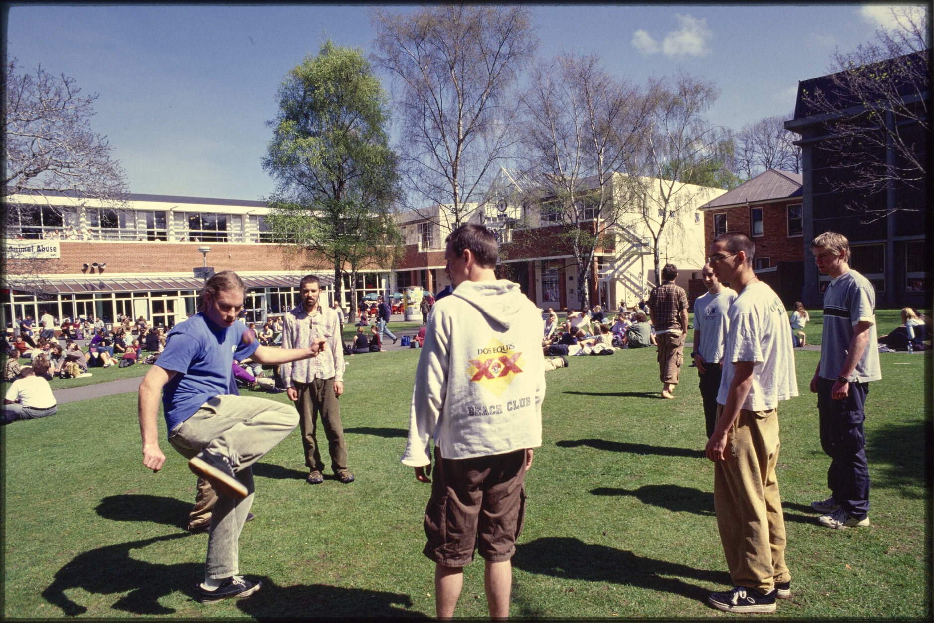 Students playing hacky sack on Union Lawn