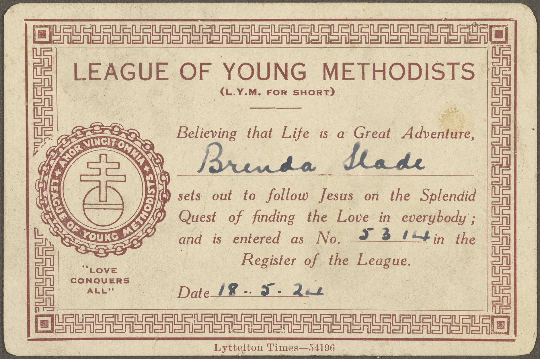 League of Young Methodists membership card