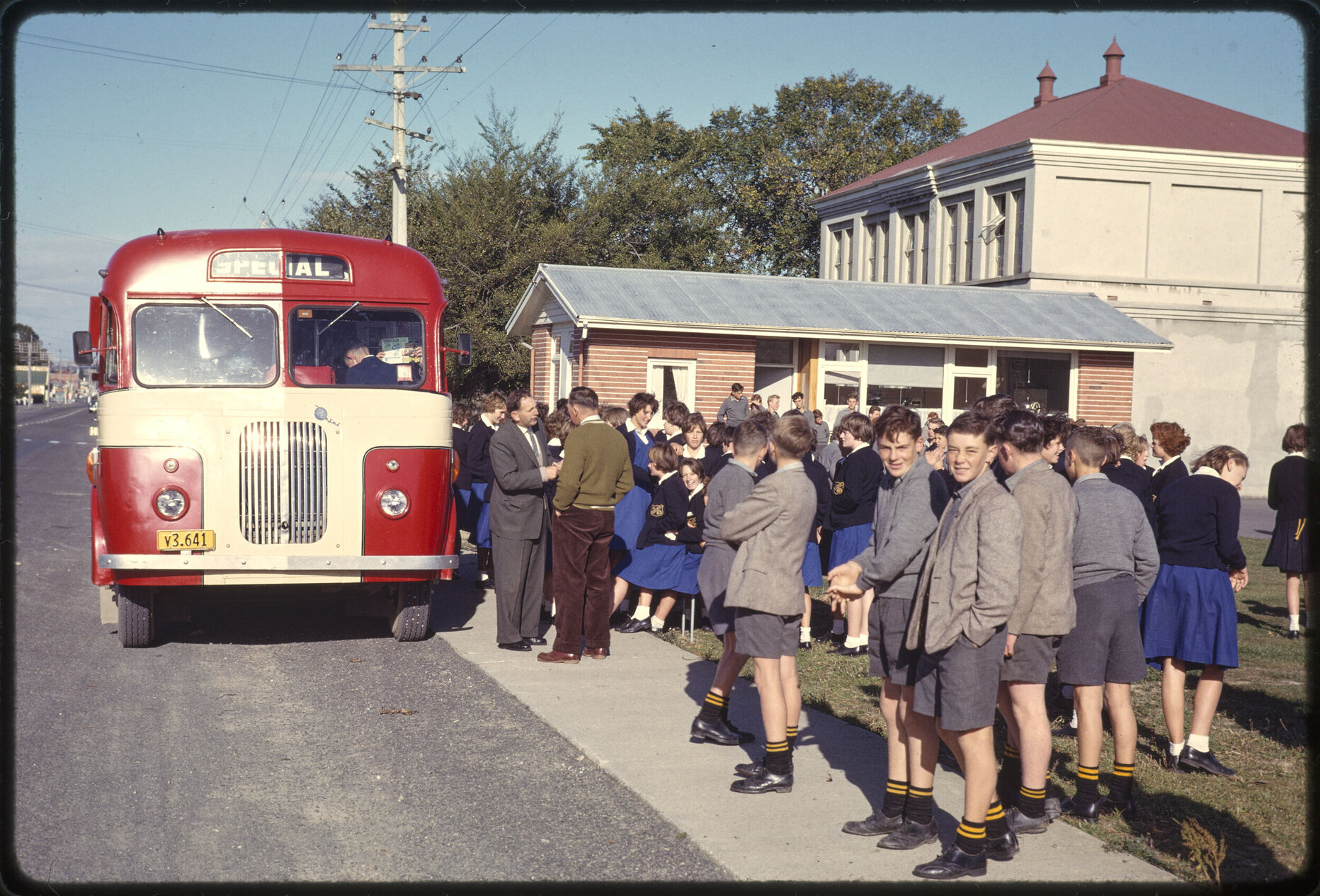'Beginning of Otematata Trip', outside Tokomairiro District High School, Milton