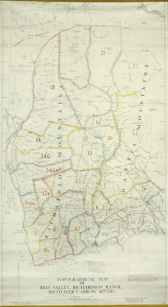 'Topographical Map of Rees Valley, Richardson Range, Shotover and Arrow Rivers' by P.M. Chandler, 1955
