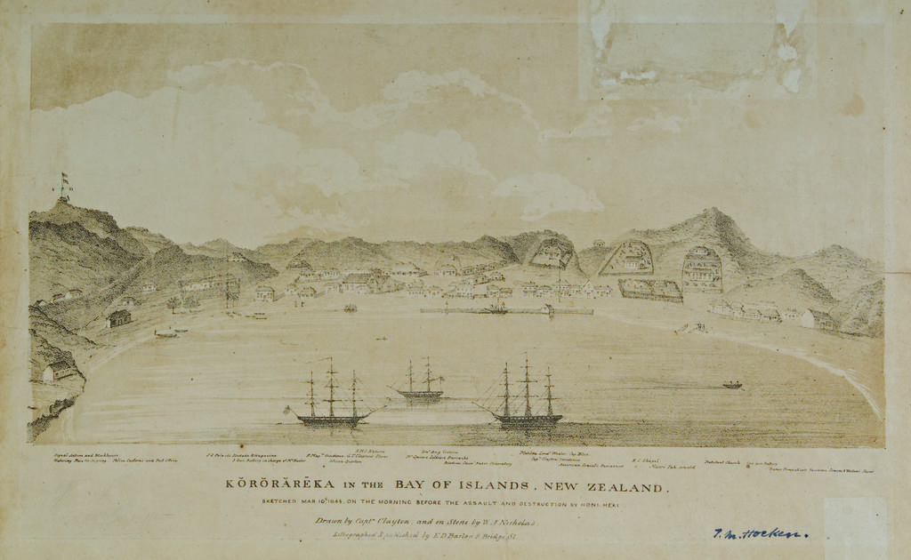Kororareka in the Bay of Islands, New Zealand. Sketched Mar 10th 1845 on the morning before the assault and destruction by Honi Heki. Drawn by Capt.n Clayton and on stone by W.A. Nicholas. Lithographed &amp; published by E.D. Barlow. 9 Bridge St