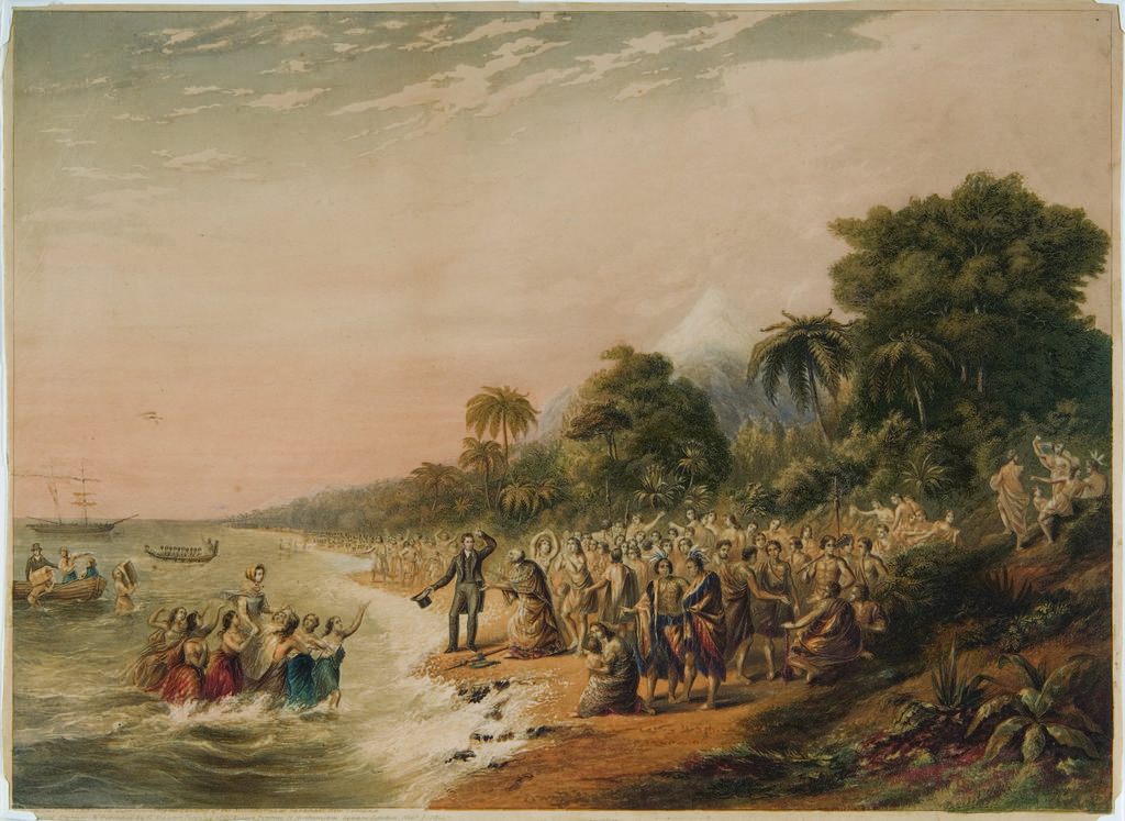 The Rev. J. Waterhouse superintending the landing of the missionaries at Taranaki New Zealand. Designed Engraved &amp; Published by G. Baxter patentee of oil colour printing 11 Northampton Square London Nov.r 1 1844.