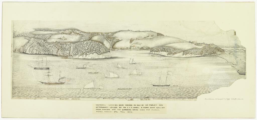 [View of Otago Peninsula opposite Dunedin, showing Vauxhall Gardens]