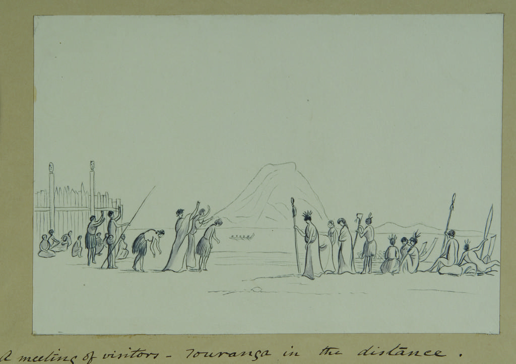 A meeting of visitors, Tauranga in the distance