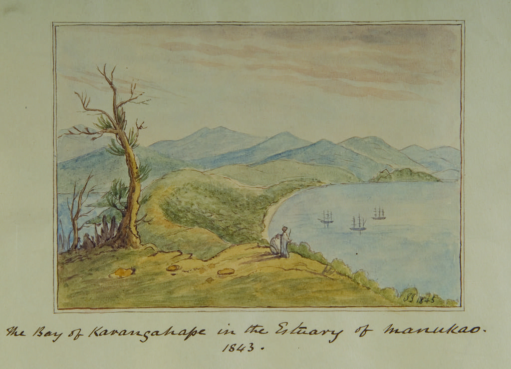 The Bay of Karangahape in the estuary of Manukau. 1843? 1845? [Copied by E.M. Hocken after John Johnson]