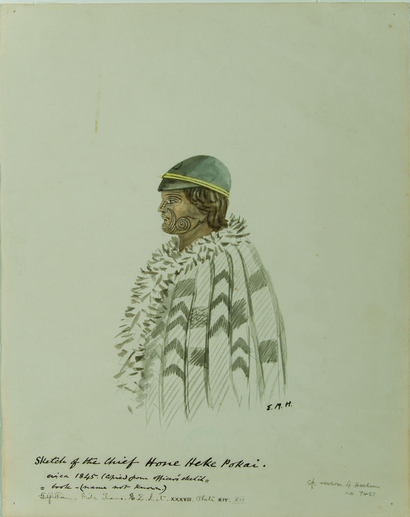 Sketch of the chief Hone Heke Pokai ca 1845. E.M.H. [Copied by E.M. Hocken after John Alexander Gilfillan]