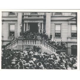 In front of Town Hall, Robert Chisholm Mayor, speaking
